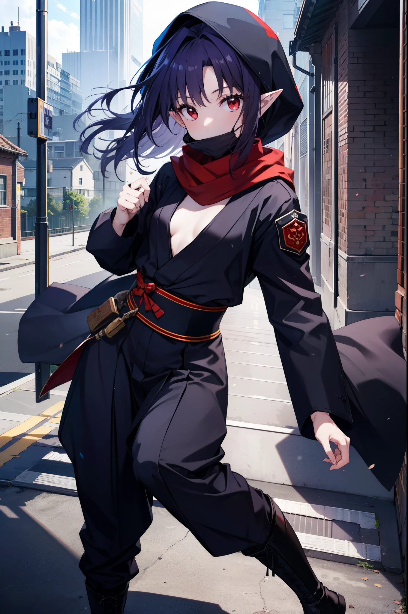 yuukikonno, Yuki Konno, hair band, long hair, pointy ears, purple hair, (red eyes:1.5), (small breasts:1.2),hood up,cover your mouth with a black scarf,strict,black ninja uniform,ninja,black shinobi pants,boots,action pose,overlooking the city from the roof of a building,
break looking at viewer, Upper body, full body,
break outdoors ,Medieval European-style building,
break (masterpiece:1.2), highest quality, High resolution, unity 8k wallpaper, (shape:0.8), (fine and beautiful eyes:1.6), highly detailed face, perfect lighting, Very detailed CG, (perfect hands, perfect anatomy),