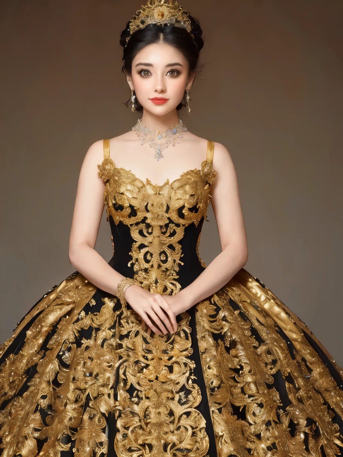 a woman wearing a black and gold ball gown with a large bow, robe. extremely high details, extravagant dress, beautiful detailed elegant, black and gold rich color, ornate royal gown, golden and black dress, an intricate dress, detailed dress, expensive voluminous dress, fantasy dress, ornate gown, royal gown, long luxurious intricate gown, royal dress, gold and black blu