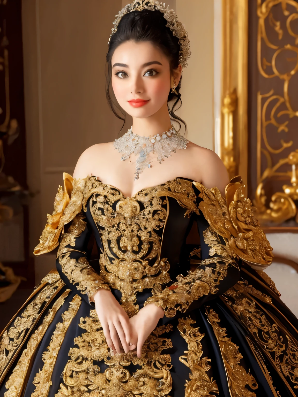 a woman wearing a black and gold ball gown with a large bow, robe. extremely high details, extravagant dress, beautiful detailed elegant, black and gold rich color, ornate royal gown, golden and black dress, an intricate dress, detailed dress, expensive voluminous dress, fantasy dress, ornate gown, royal gown, long luxurious intricate gown, royal dress, gold and black blu