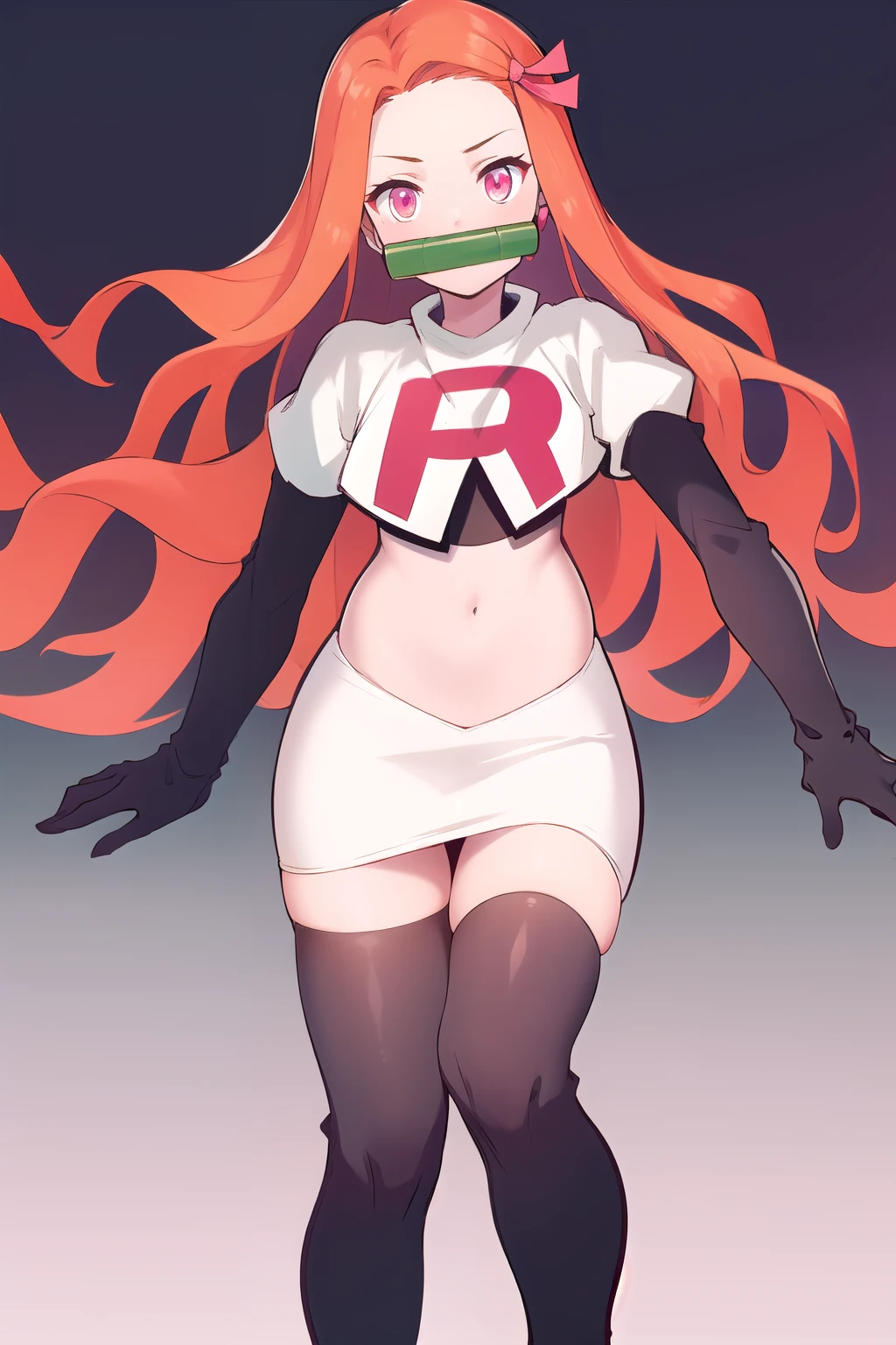 kamado nezuko, 1girl, bamboo, bit gag, brown hair, gag, gagged, gradient hair, hair ribbon, long hair, looking at viewer, multicolored hair, orange hair, pink eyes, pink ribbon, ribbon, solo, ((masterpiece)) , team rocket,team rocket uniform, red letter R, white skirt,white crop top,black thigh-highs,black elbow gloves