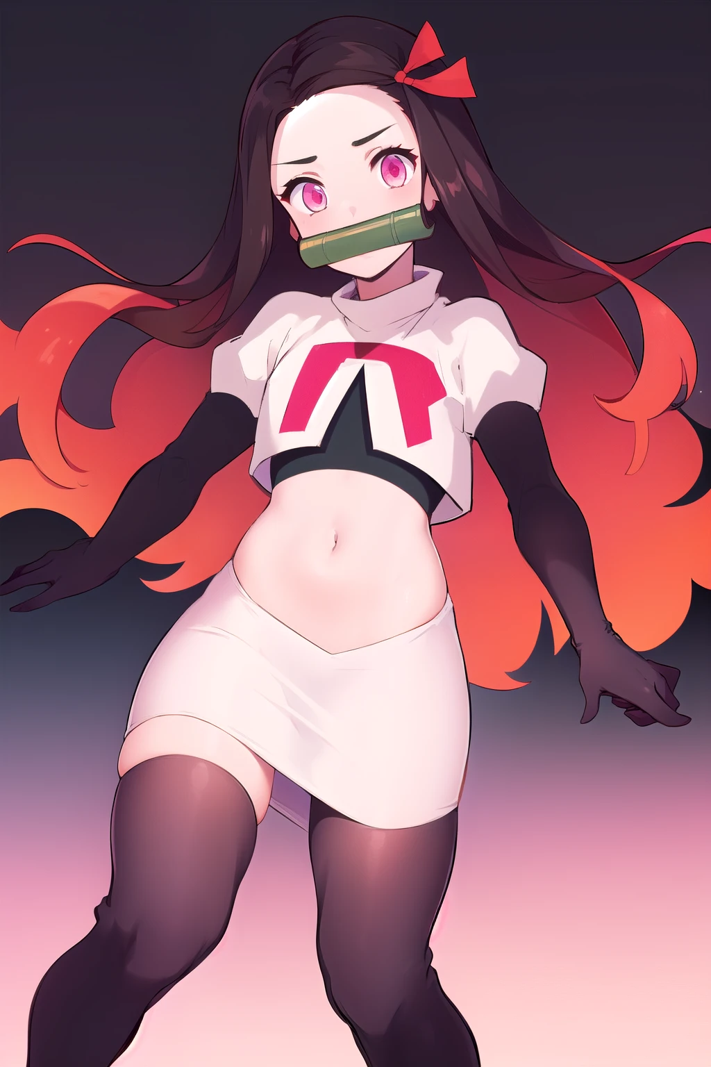 kamado nezuko, 1girl, bamboo, bit gag, brown hair, gag, gagged, gradient hair, hair ribbon, long hair, looking at viewer, multicolored hair, orange hair, pink eyes, pink ribbon, ribbon, solo, ((masterpiece)) , team rocket,team rocket uniform, red letter R, white skirt,white crop top,black thigh-highs,black elbow gloves