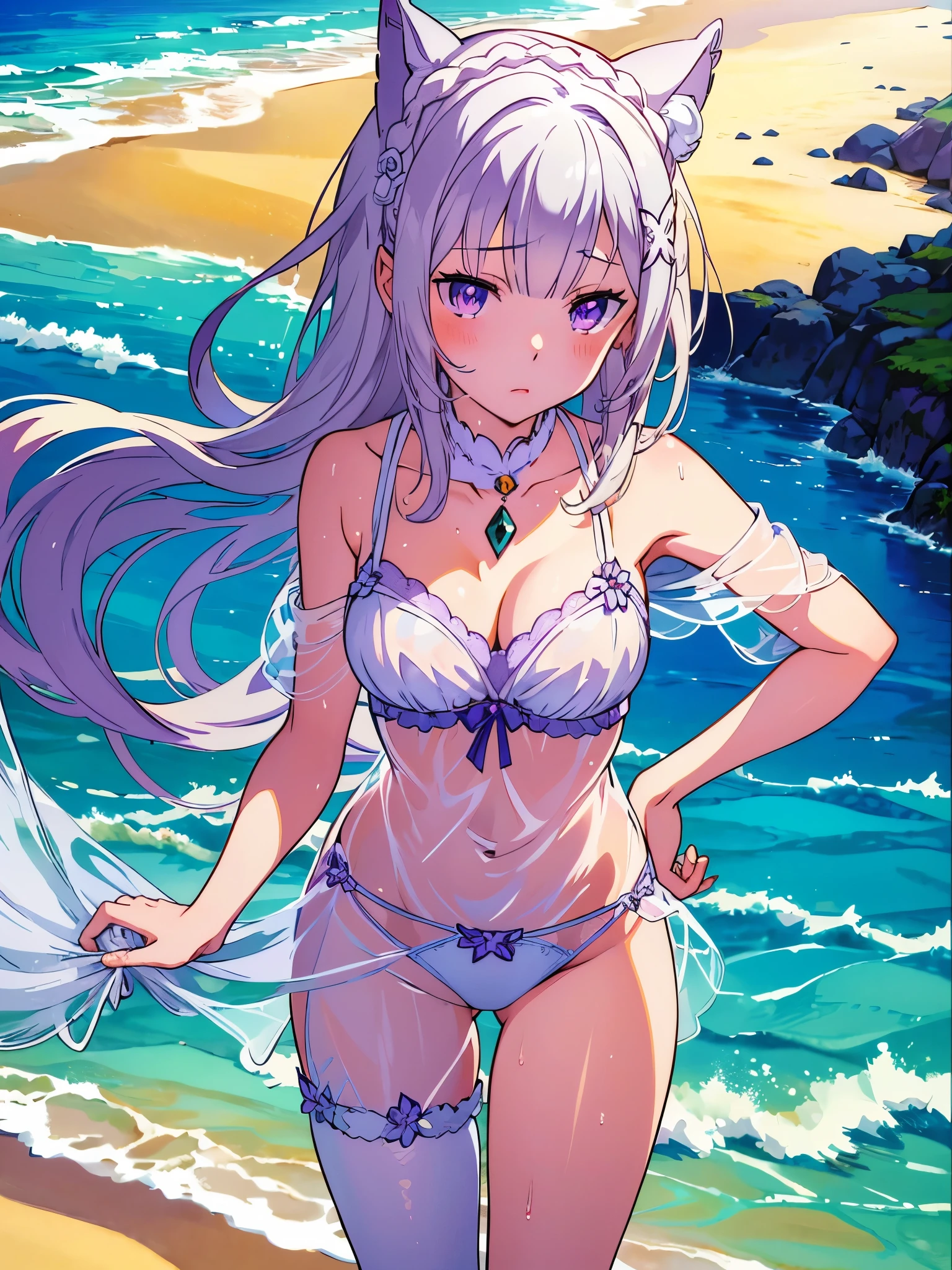 (Masterpiece), (Best Definition Anime Illustration), (Super Definition), One Girl, Solo, Silver-haired Beautiful Girl, Emilia re:zero, purple eyes, Emilia, crown braid, x hair ornament, flower hair ornament, white hair, very long hair, medium breasts, Anime, Cat Ear , See-Through Sexy Lingerie, Wet Sheer, Beach