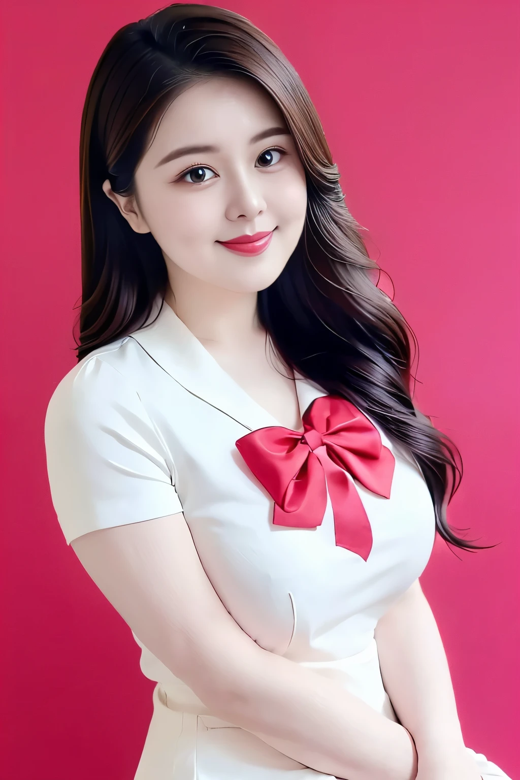 (top quality、8k、masterpiece:1.3))、30-year-old Korean woman，sharp focus, High level of image quality, high resolution，facial focus，Portrait ID photo，Upper body photo。Draw lips correctly, red lipstick，wear white shirt，red bow tie，red suit，Wearing red flowers on chest，。wavy long hair，hair tied up，ponytail，Mature，Charming smiley face，Chubby face，Pink warm color background，solid color background