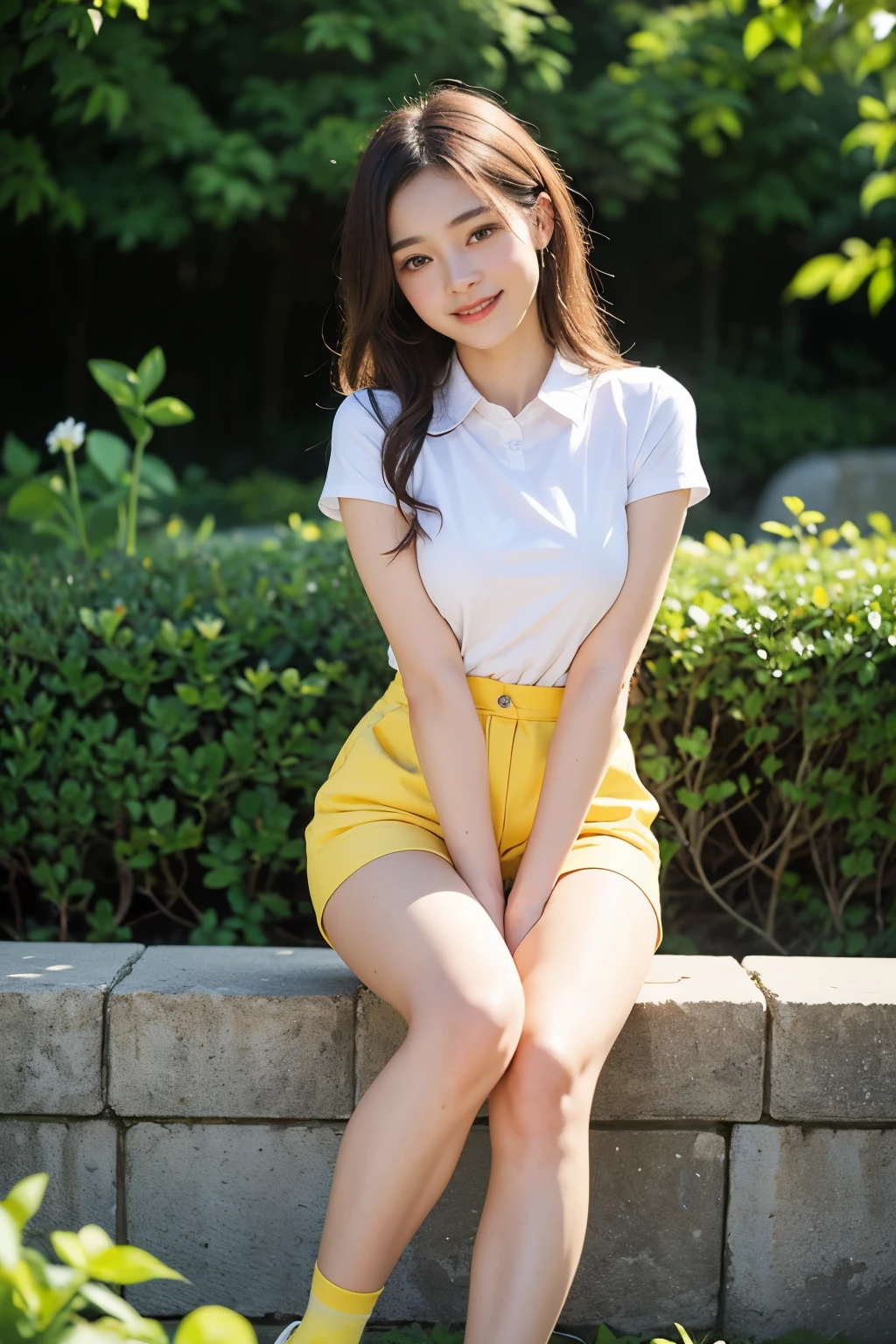((Mejor calidad)), ((obra maestra)), (detallado), cara perfecta ((Best quality)), ((masterpiece)), (detailed), perfect face In the photograph you can see a young brunette with dark hair, smiling, with bulging brown eyes and beautiful red lips. girl with princess appearance. Long wavy red hair. Wear red shorts and a white collared t-shirt, short white socks, and blue shoes or sneakers. She is slim and has a beautiful figure, (((beautiful slim legs))). The photograph is taken in the garden, (((with yellow cinematic light at dusk))) the camera used is an X2D 100C with a 50mm Carl Zeiss Planar lens, photographing at f1.8.