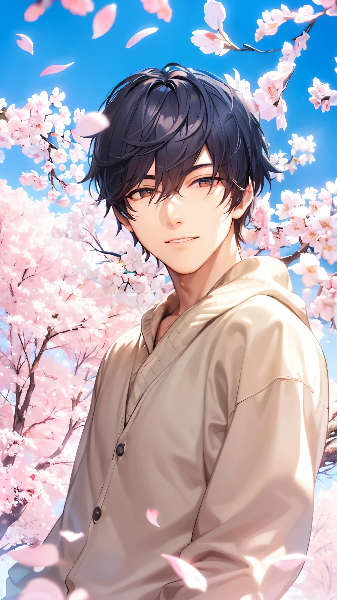 a handsome guy、serious expression、please close your mouth、cherry blossoms、cool look、Highly Detailed CG Unity 8K Wallpaper, (super masterpiece, beautiful person, well detailed face polluted smile, It's photorealistic, hyper realistic)Adult and cool