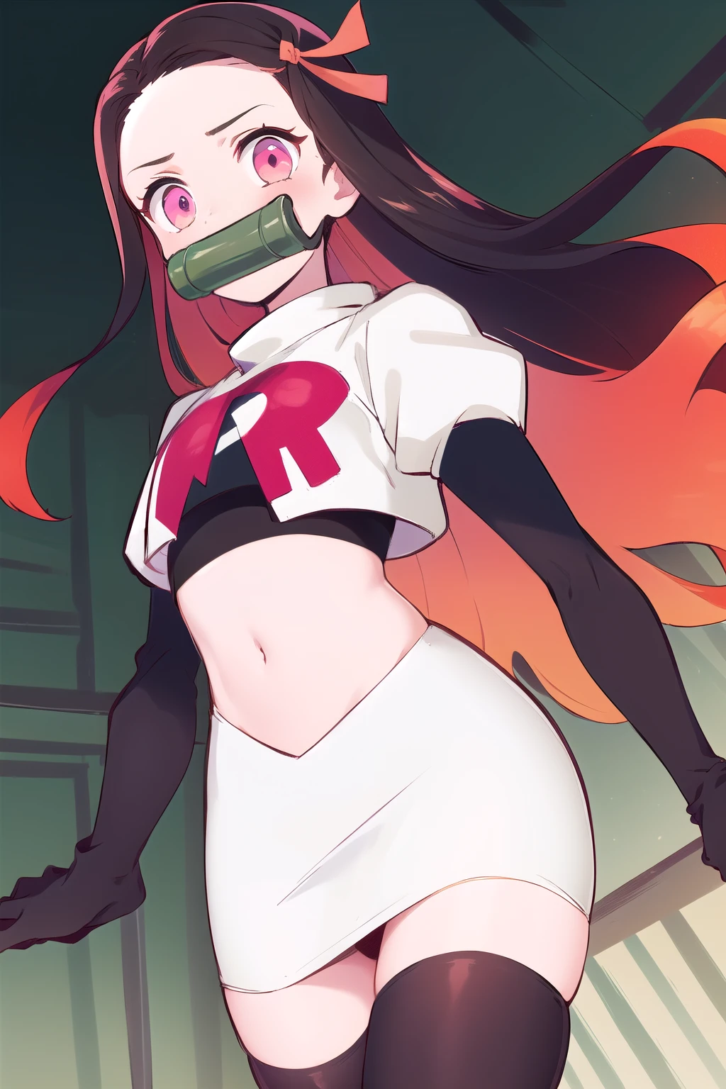 kamado nezuko, 1girl, bamboo, bit gag, brown hair, gag, gagged, gradient hair, hair ribbon, long hair, looking at viewer, multicolored hair, orange hair, pink eyes, pink ribbon, ribbon, solo, ((masterpiece)) , team rocket,team rocket uniform, red letter R, white skirt,white crop top,black thigh-highs,black elbow gloves