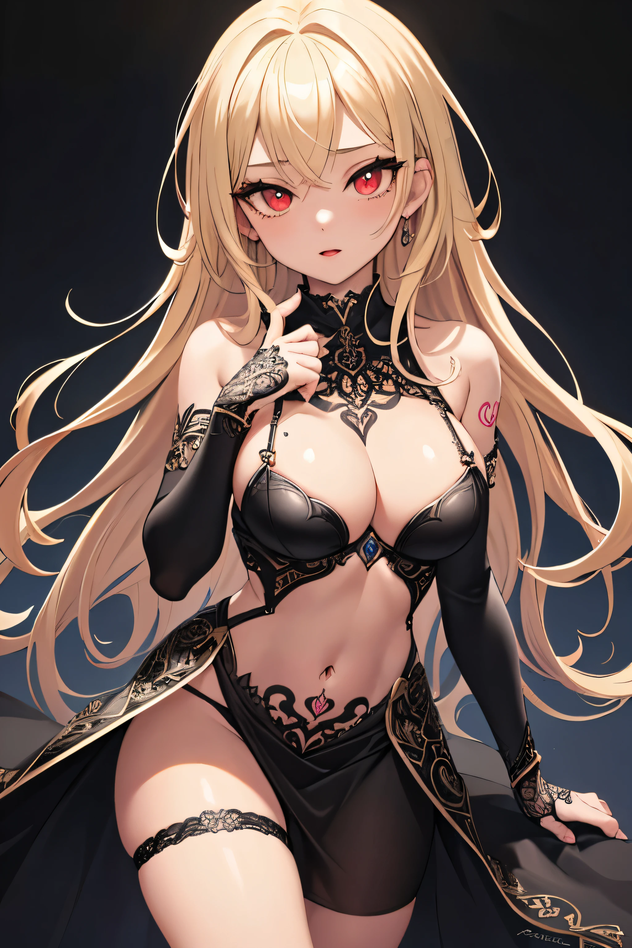 1girl, anime, cute girl, blank background, white background, fantasy, detailed fantasy dress with highlights, beautiful face, beautiful eyes, dark colors, black hair with multicolor streaks, red eye with different color pupil in eye, multicolor eye, medium small breasts (slightly big), slight cleavage, beautiful skin, cute, breast curtains, extremely delicate and beautiful, (beautiful detailed face:1.0), (detailed deep eyes), symmetrical breasts, deep eyes, shiny skin, portrait, slender waist, hips wider than shoulders, thighs, expressionless, young girl, luminous eyes, adorable，（Kpop idol）,（aegyo sal：1），（Platinum blonde hair：1），（（puffy eye）），Black panty，sexy posture，Superskirt, ultra high resolution，Black collar，slim figure, Abdominal y tattoo, womb tattoo，Tight-fitting leg ring，y tattoo on half-body，Bare skin, Armored hand，Hidden fingertips，Hand covered，Arm covered，Fist covered,{{beautiful detailed fingers}}, tufts of hair, moderate beautiful breast:1.0,(masterpiece:1.2), best quality, high-res, HDR, perfect face, intricate armor, delicate blue filigree, intricate filigree, red metalic parts, detailed part, dynamic pose, dynamic lights,