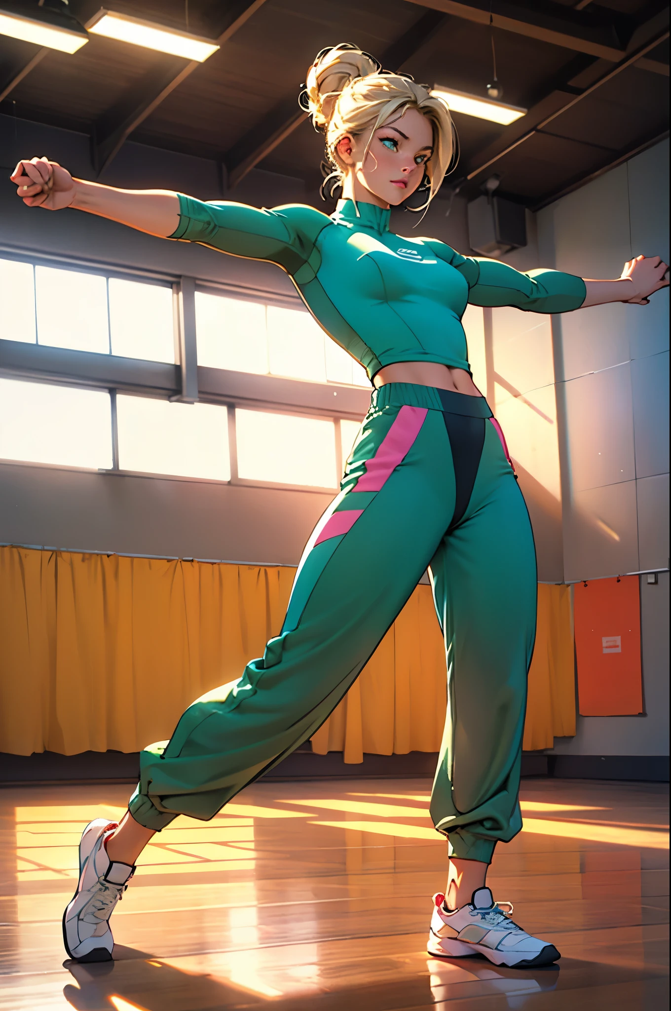 (Masterpiece, Best quality: 1.3), high resolution, official style, \(style\) 1980s, linear shading, (ultra-detailed portrait), high quality, 8k, best illustration, (8k resolution), 1 girl, ((solo)), (((mature))),( looking at viewer), Dutch angle, standing, beautiful, dancer, ((Exercise clothes:1.2)), ((pale blonde hair:1.1)), (atmospheric lighting: 1.1), (long hair tied in a high bun: 1.1), (detailed face, ((green detailed eyes)): 1.2), pink lipstick, brooch, glitter, (details :1.2), volumetric lighting, ((sports)), (lycra pants and top:1.2), fabulous, sports shoes, (((dance teacher))), instructor, (wooden floor), full body, flat wide, soft, (high quality)), light flares:0.2, (floating particles), (silhouette:1.1), (ballroom background), wooden floor, ((mirrors)), (depth of field), sharp focus, (((1980s era)))