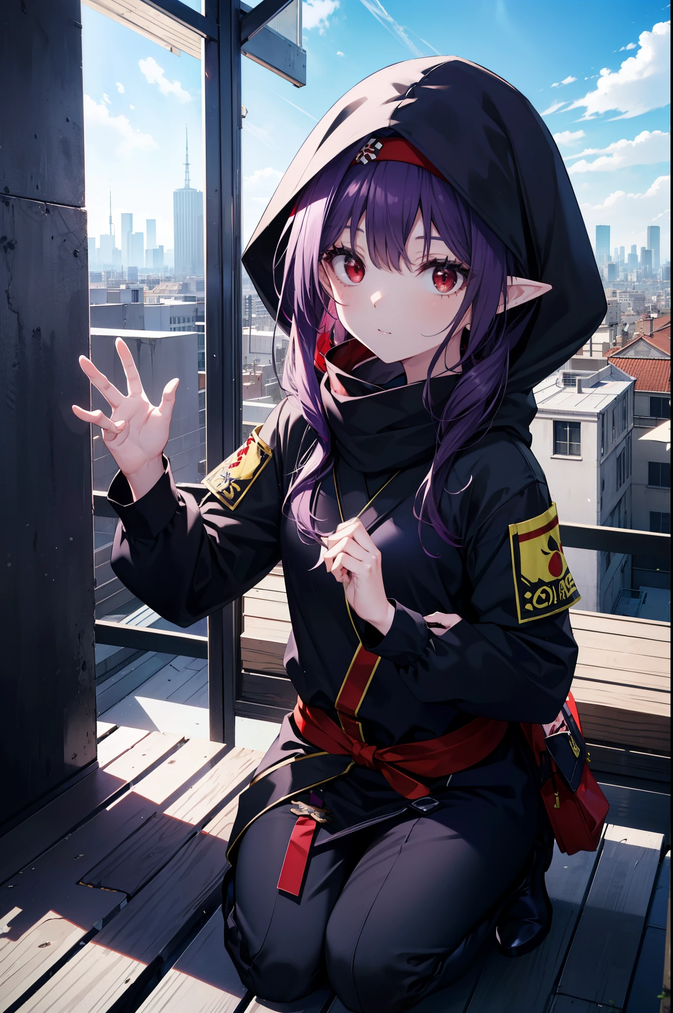 yuukikonno, Yuki Konno, hair band, long hair, pointy ears, purple hair, (red eyes:1.5), (small breasts:1.2),hood up,cover your mouth with a black scarf,strict,black ninja uniform,ninja,black shinobi pants,boots,action pose,overlooking the city from the roof of a building,
break looking at viewer, Upper body, full body,
break outdoors ,Medieval European-style building,
break (masterpiece:1.2), highest quality, High resolution, unity 8k wallpaper, (shape:0.8), (fine and beautiful eyes:1.6), highly detailed face, perfect lighting, Very detailed CG, (perfect hands, perfect anatomy),