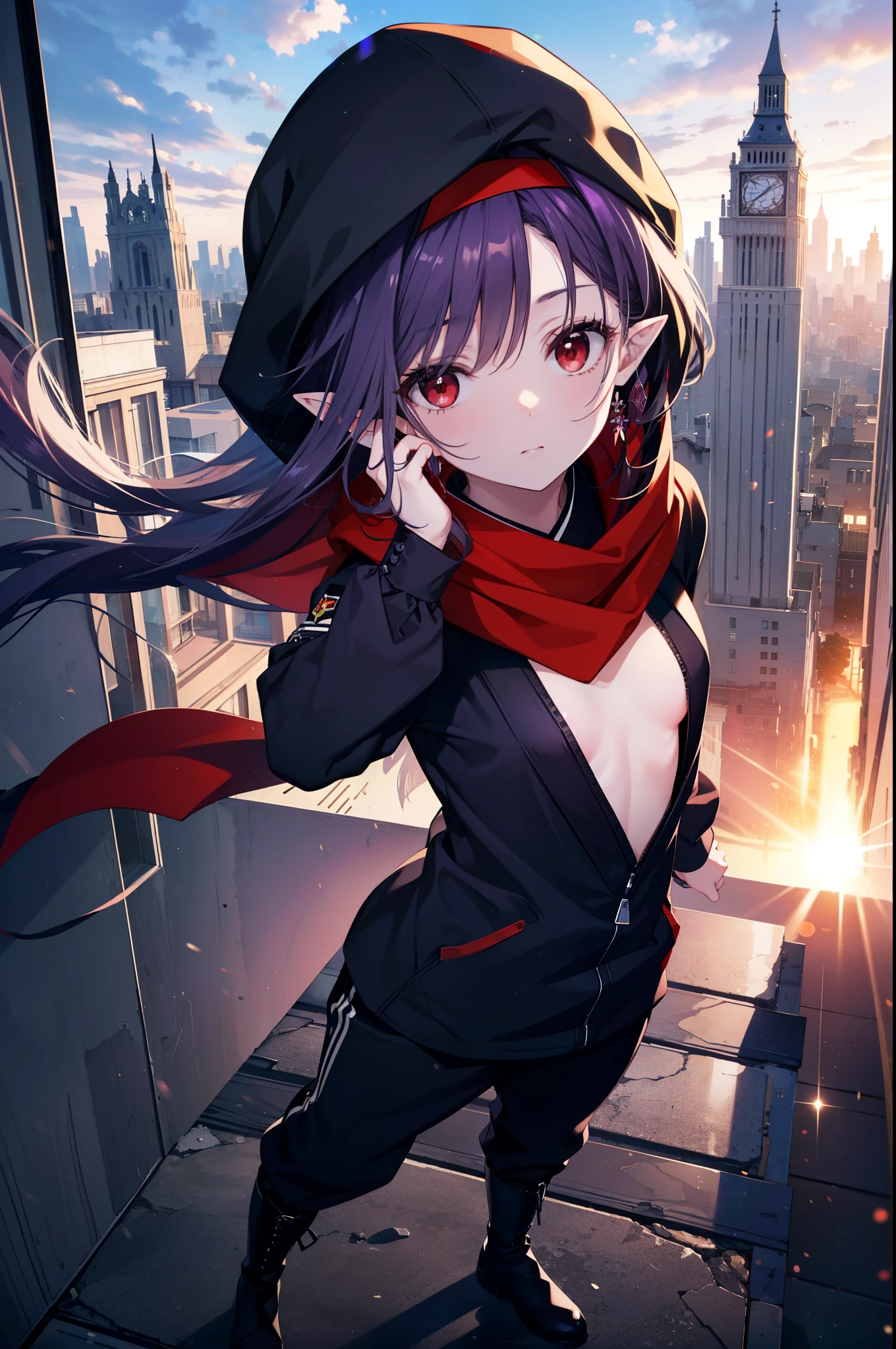 yuukikonno, Yuki Konno, hair band, long hair, pointy ears, purple hair, (red eyes:1.5), (small breasts:1.2),hood up,cover your mouth with a black scarf,strict,black ninja uniform,ninja,black shinobi pants,boots,action pose,overlooking the city from the roof of a building,
break looking at viewer, Upper body, full body,
break outdoors ,Medieval European-style building,
break (masterpiece:1.2), highest quality, High resolution, unity 8k wallpaper, (shape:0.8), (fine and beautiful eyes:1.6), highly detailed face, perfect lighting, Very detailed CG, (perfect hands, perfect anatomy),