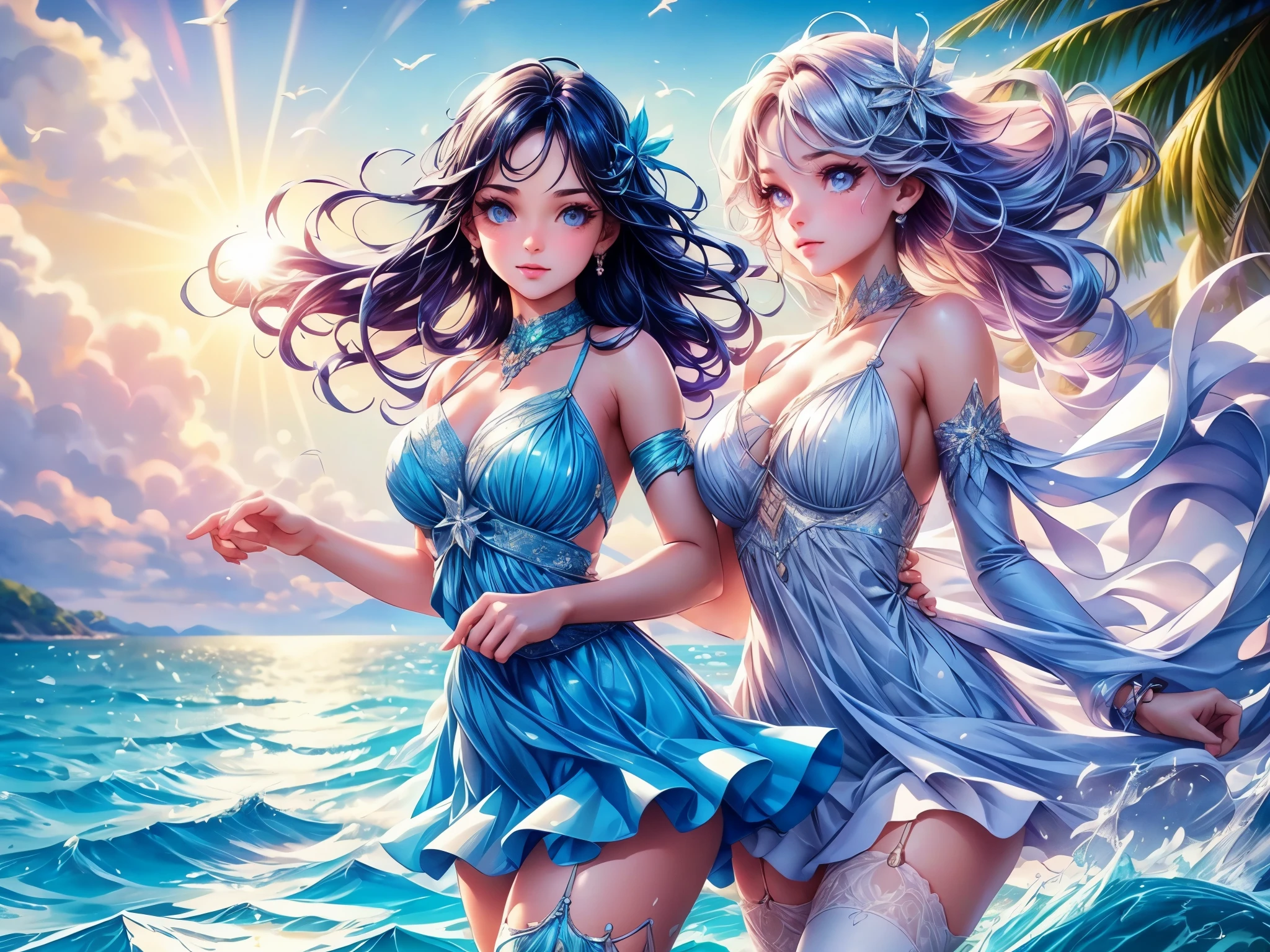 cute girls dancing on the sea surface,rainbow,sun shine,beautiful detailed eyes,beautiful detailed lips,extremely detailed eyes and face,long eyelashes,(best quality:1.2),ultra-detailed,photorealistic,HDR,vivid colors,studio lighting,sharp focus,physically-based rendering,professional,portraits,colorful,colorful clothes,flowing dresses,joyful expressions,dynamic poses,sparkling water,splashing waves,seagulls flying,happy atmosphere,summer beach,palm trees,warm breeze,serene ambiance