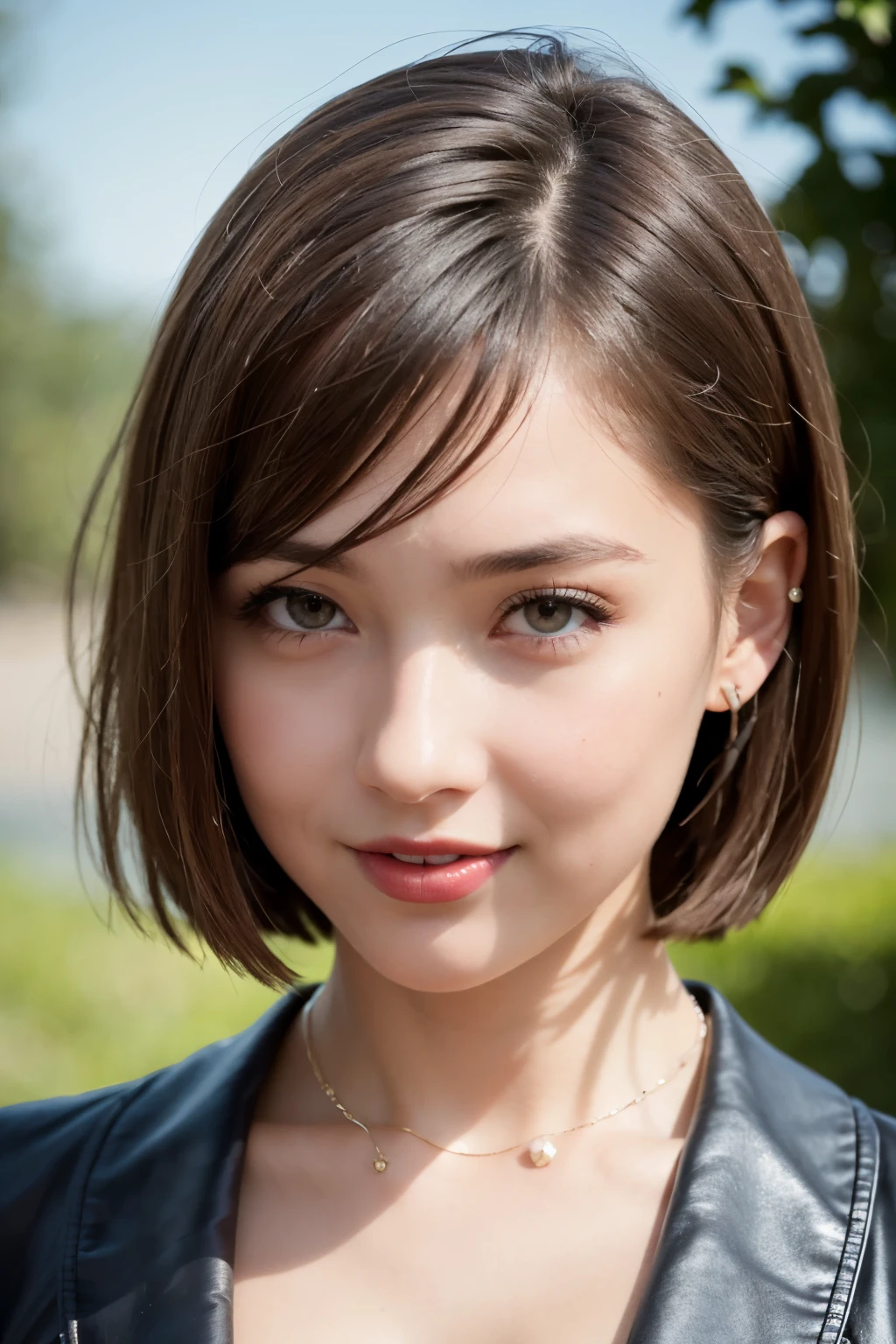 (8K, best quality, masterpiece:1.2), (real, realistic:1.37), unit, very delicate and beautiful, very detailed, amazing, exquisite details, masterpiece, best quality, official art, disorganized person, incredibly absurd, Beautiful One Girl, very detailed eyes and faces, Beautiful detailed eyes, facial light, nose becomes red, ((1 girl)), Brown-eyed, red lips, eye_compensate, short hair, beaver_cut, straight hair, headless, earrings, medium breasts, cleavage, shiny skin, outdoor, professional lighting, detailed shadow, sharp_concentrated, Supermodel, laughter, Pause