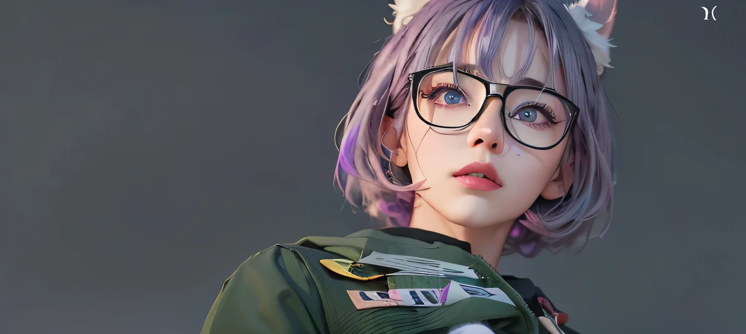 (masterpiece)，estilo dos desenhos animados，ultra high-detail，Dressed in green pilot Jacket,(Short ear-length hair:1.2)，Large pale Blue eyes (Light Blue left pupil+Light Green Right Pupil eye color), (Purple hair color+Pale pink rimmed glasses Black card issue:1.4)，Detailed depiction snap detail，The camera tilts slightly behind the character，Light dusk，Candy tones,Circular garland detail on top of figure，Look up into the distance，Campus buildings depicted in detail behind it。