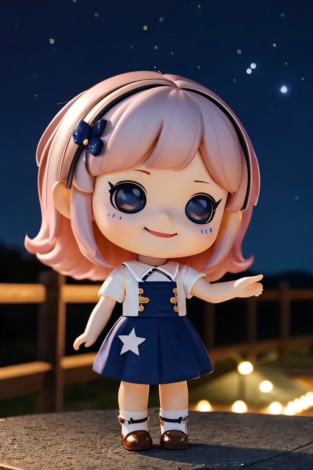 The following scenes will be expressed using chibi girl dolls.（Photoreal、pointing at the stars in the night sky、smile）