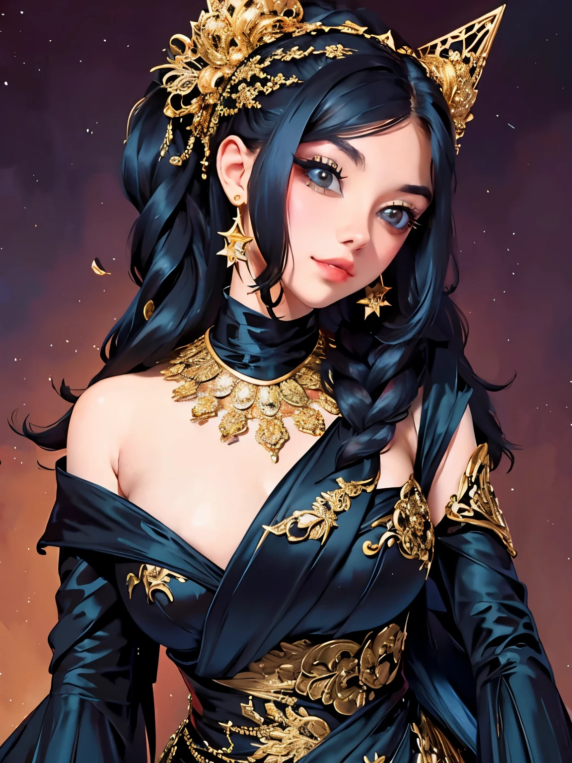 a woman wearing a black and gold ball gown with a large bow, robe. extremely high details, extravagant dress, beautiful detailed elegant, black and gold rich color, ornate royal gown, golden and black dress, an intricate dress, detailed dress, expensive voluminous dress, fantasy dress, ornate gown, royal gown, long luxurious intricate gown, royal dress, gold and black blu