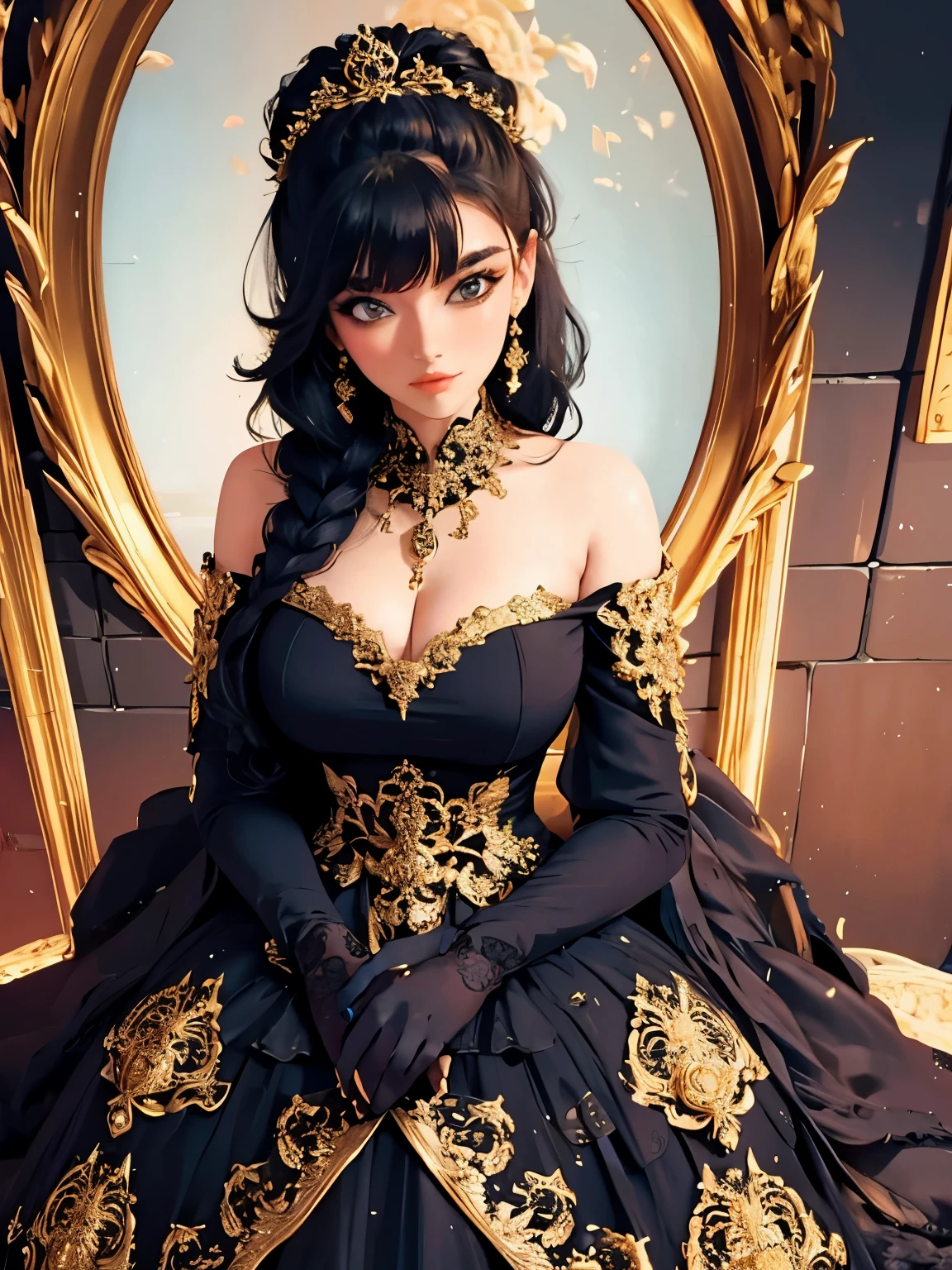 a woman wearing a black and gold ball gown with a large bow, robe. extremely high details, extravagant dress, beautiful detailed elegant, black and gold rich color, ornate royal gown, golden and black dress, an intricate dress, detailed dress, expensive voluminous dress, fantasy dress, ornate gown, royal gown, long luxurious intricate gown, royal dress, gold and black blu
