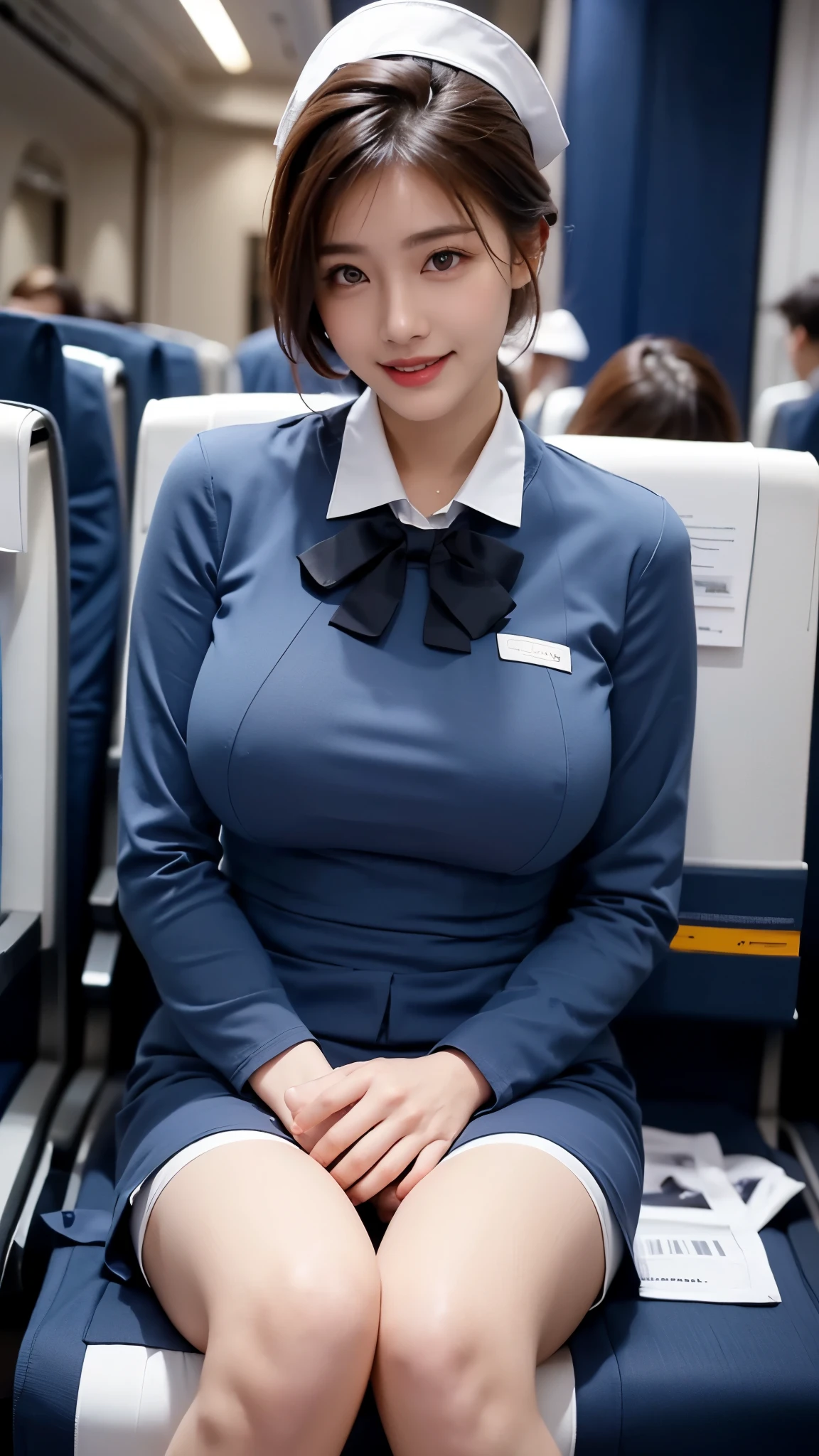 (The Ultimate Beautiful Japan Married Woman), 50s, hyperdetailed face, Detailed lips, (big eye:1.4), Double eyelids, Short brunette hair, (grin)、(White Molded Teeth), (cparted lips), ((Wearing the blue uniform of a flight attendant:1.4))、((large full breasts)), thighs thighs thighs thighs、(Cowboy Shot:1.3), Perfect fit, depth of fields、Perfect image realism, Background with:((On the plane))、In-depth background, detailed costume, Perfect litthing、Hyper-Realism、Photorealsitic、8K maximum resolution, (masterpiece), ighly detailed, Professional