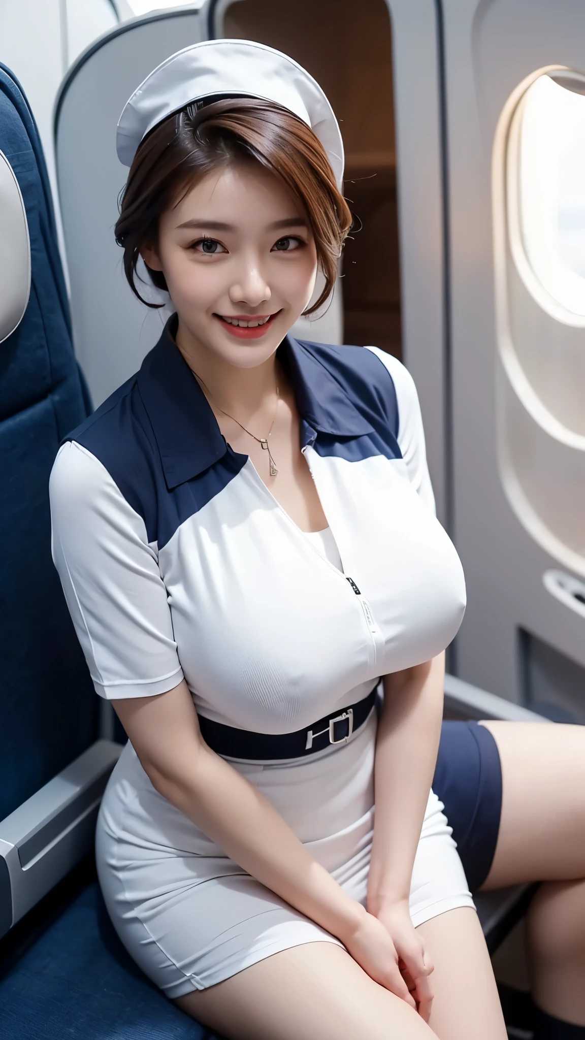 (The Ultimate Beautiful Japan Married Woman), 50s, hyperdetailed face, Detailed lips, (big eye:1.4), Double eyelids, Short brunette hair, (grin)、(White Molded Teeth), (cparted lips), ((Wearing the blue uniform of a flight attendant:1.4))、((large full breasts)), thighs thighs thighs thighs、(Cowboy Shot:1.3), Perfect fit, depth of fields、Perfect image realism, Background with:((On the plane))、In-depth background, detailed costume, Perfect litthing、Hyper-Realism、Photorealsitic、8K maximum resolution, (masterpiece), ighly detailed, Professional