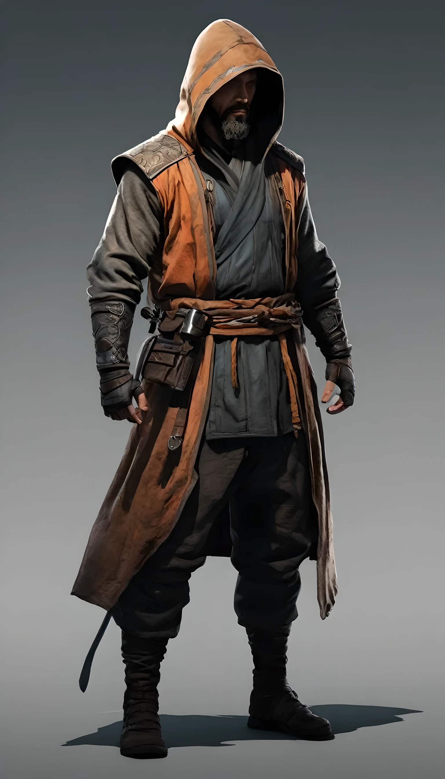 :: ((masterpiece)) :: wide:80 mm :: (((Best quality))),(character design sheet, same character, front, Side, back) :: portrait in profile, fantasy, ((Middle Ages, maintaining the correct color rendering in the Scandinavian style.)), Arsenal Ninja :: Adult man 39-41 years old., bald, Medium beard, ((Nordic type)), high, Trained physique, cold-blooded character :: Static Pose, pose Composition, head looks up :: ((dressed in an old jacket over a worn robe with a hood, special trousers, homemade bracers)) :: hand drawn, dark, sandy, realistic sketch, sketch, mix of bold dark lines and loose lines, thick lines, on paper, turn character sheet:: Background in the form of shimmering cold flowers :: (outline style:1.1), (Reflected light:1.2), (Cell shading:1.2), use of large lines, difficult, (Anxious:1.1) ::