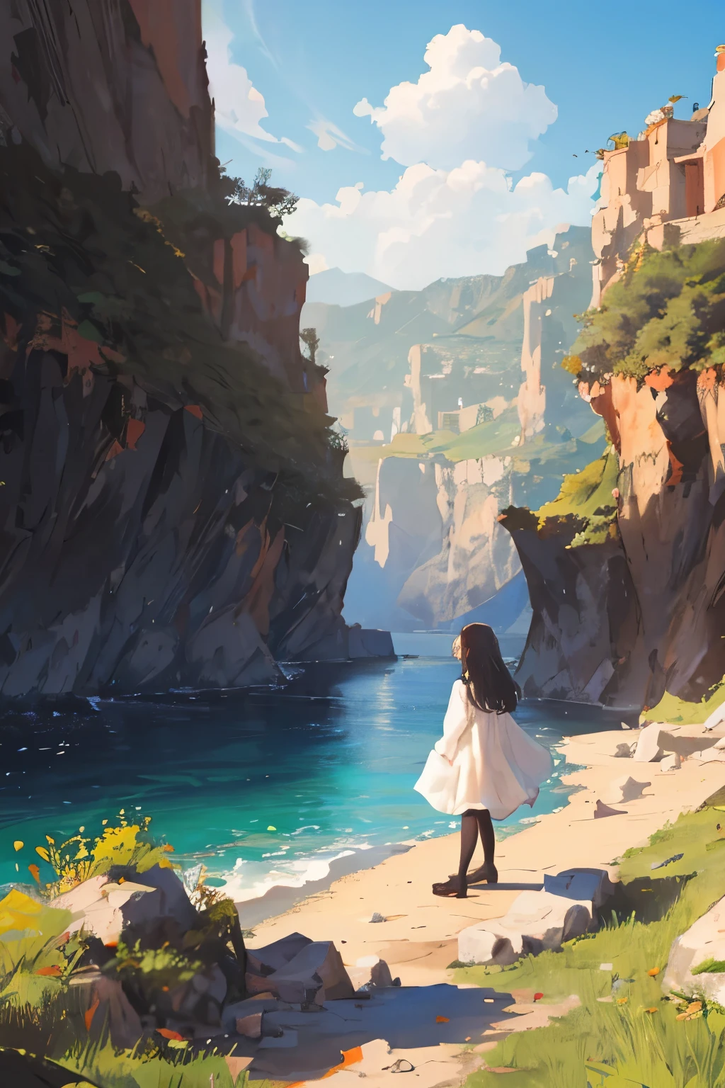 mujer contemplando hermoso paisaje, los rayos de sol entran por los ojos hasta el pecho