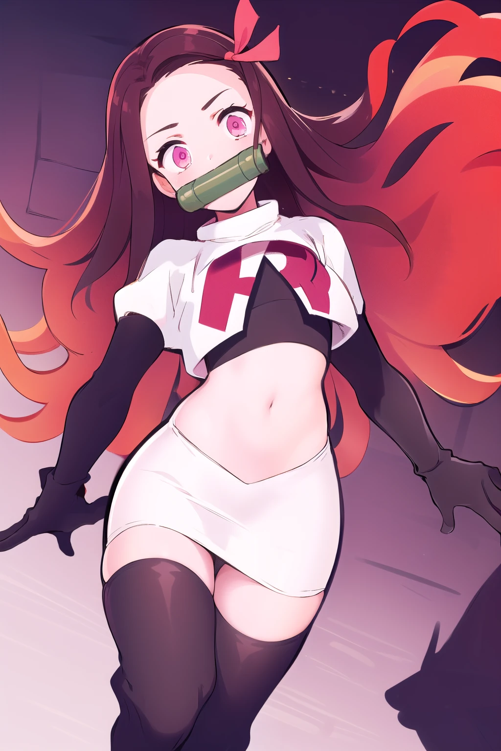 kamado nezuko, 1girl, bamboo, bit gag, brown hair, gag, gagged, gradient hair, hair ribbon, long hair, looking at viewer, multicolored hair, orange hair, pink eyes, pink ribbon, ribbon, solo,   ((masterpiece))  , team rocket,team rocket uniform, red letter R, white skirt,white crop top,black thigh-highs,black elbow gloves