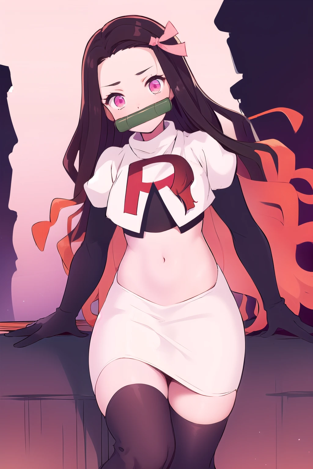 kamado nezuko, 1girl, bamboo, bit gag, brown hair, gag, gagged, gradient hair, hair ribbon, long hair, looking at viewer, multicolored hair, orange hair, pink eyes, pink ribbon, ribbon, solo,   ((masterpiece))  , team rocket,team rocket uniform, red letter R, white skirt,white crop top,black thigh-highs,black elbow gloves