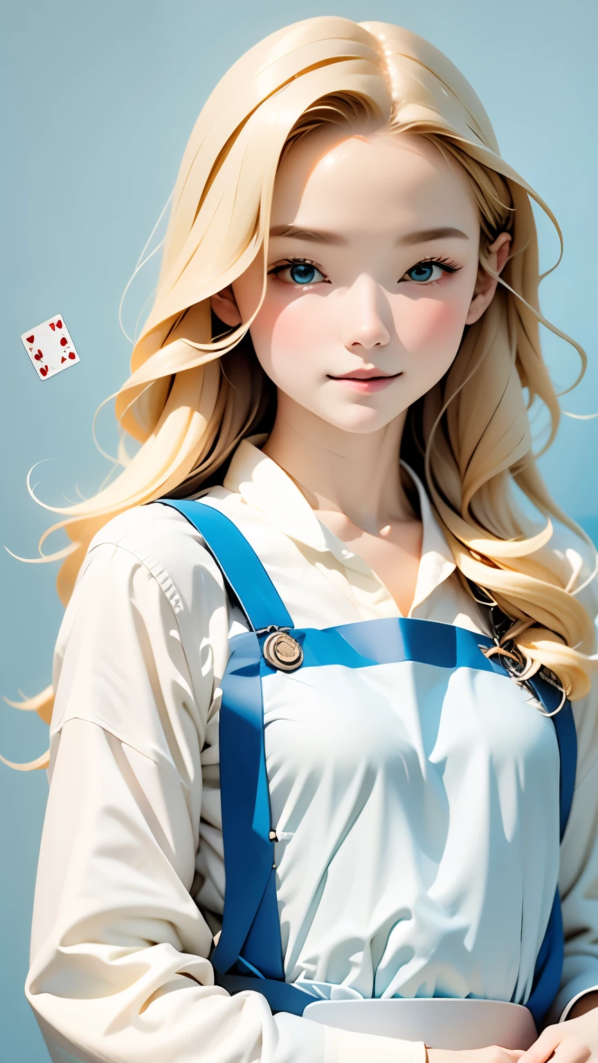 highest quality, ultra high resolution, realistic, cute girl pictures, detailed face, (Pueros face_V1:0.008), alice in wonderland, 13yo, blonde wavy hair, white apron, blue clothes, playing card pattern background, no makeup