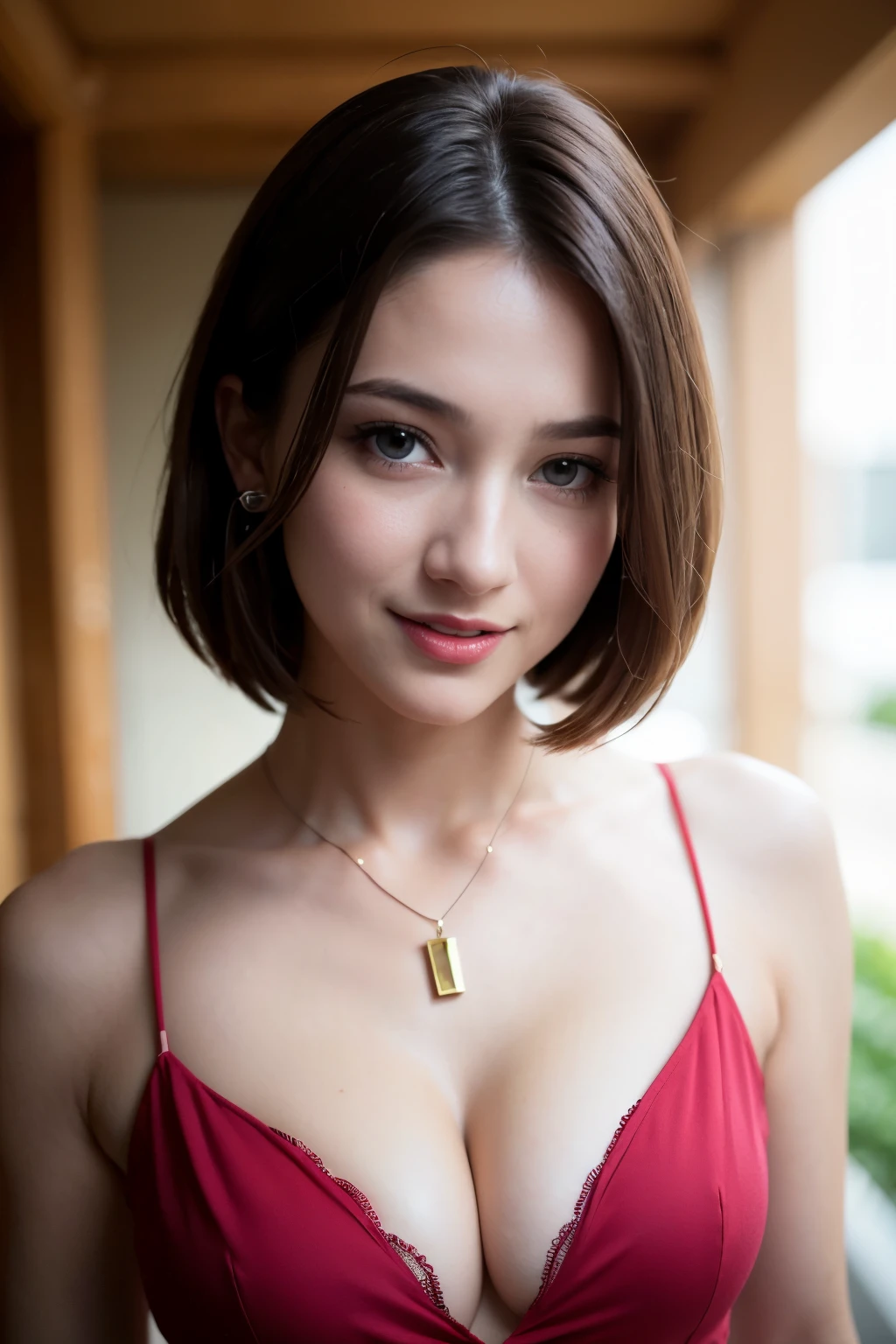(8K, best quality, masterpiece:1.2), (real, realistic:1.37), unit, very delicate and beautiful, very detailed, amazing, exquisite details, masterpiece, best quality, official art, disorganized person, incredibly absurd, Beautiful One Girl, very detailed eyes and faces, Beautiful detailed eyes, facial light, nose becomes red, ((1 girl)), Brown-eyed, red lips, eye_compensate, short hair, beaver_cut, straight hair, headless, earrings, medium breasts, cleavage, shiny skin, outdoor, professional lighting, detailed shadow, sharp_concentrated, Supermodel, laughter, Pause