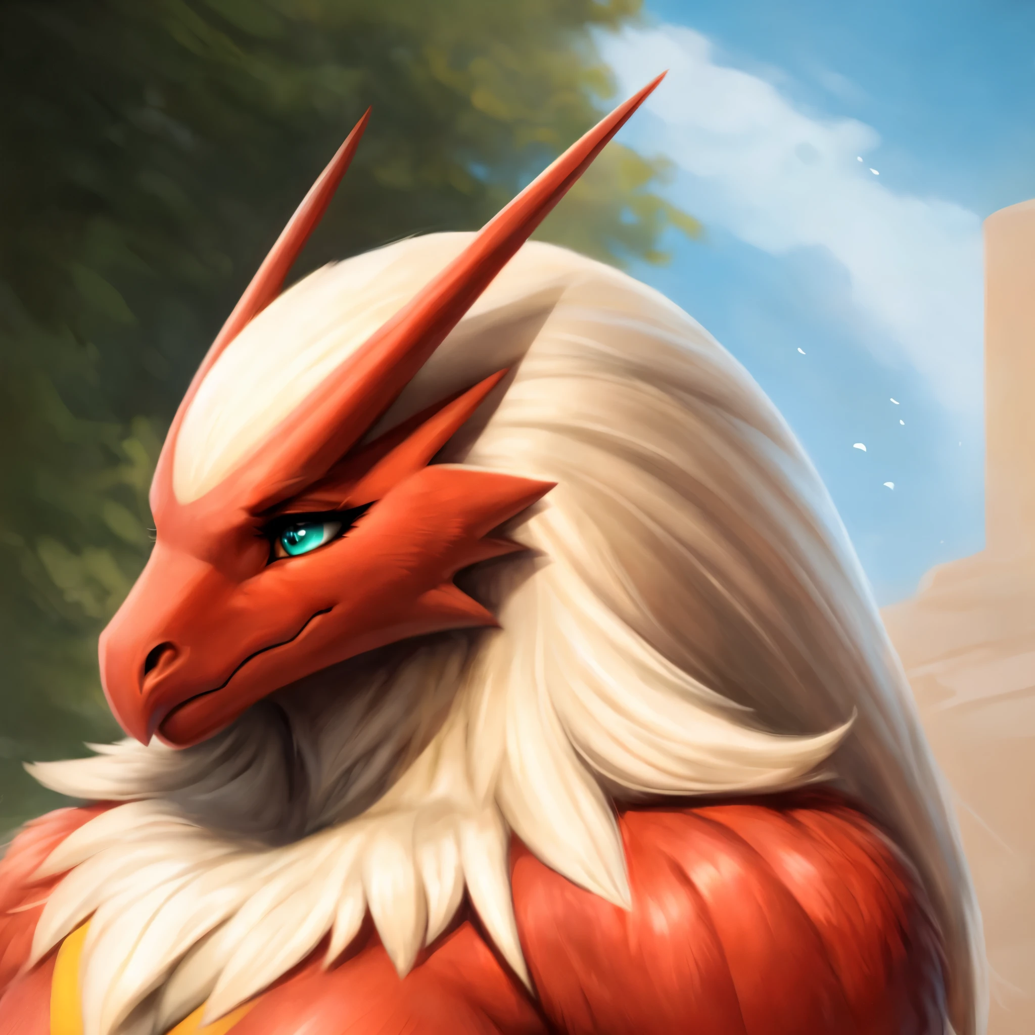 (best quality,ultra-detailed,realistic:1.37), blaziken, red beak, realistic, detailed face, striking eyes, teal eyes, beautiful eyes, flawless skin, expressive eyebrows, perfect lighting, long eyelashes, soft focus, vibrant colors, outdoor lighting,realistic,soft lighting,vibrant colors,delicate fur texture, blush, embarrassed expression, shy expression