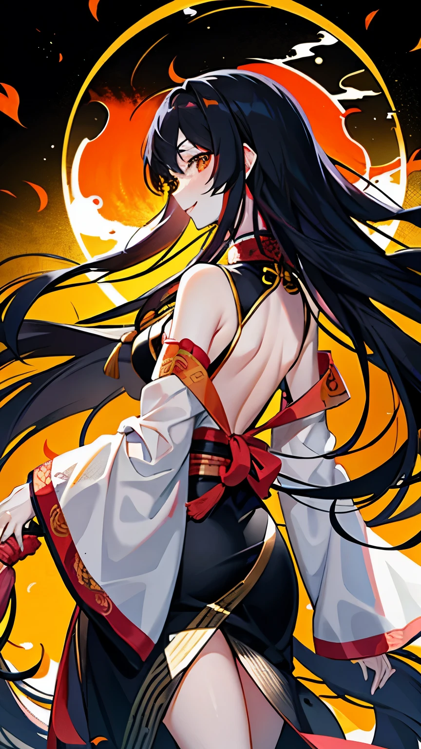 Chinese female, back view,Clothes like a guru's fluttering in the wind,Atmosphere like ancient Chinese mythology,black long hair,hair pulled to one side and tied high,A flapping pose that looks like it has descended from the sky.,A fantastic sky dyed in orange and yellow light,The water surface where light reflects and creates spots,slight smile