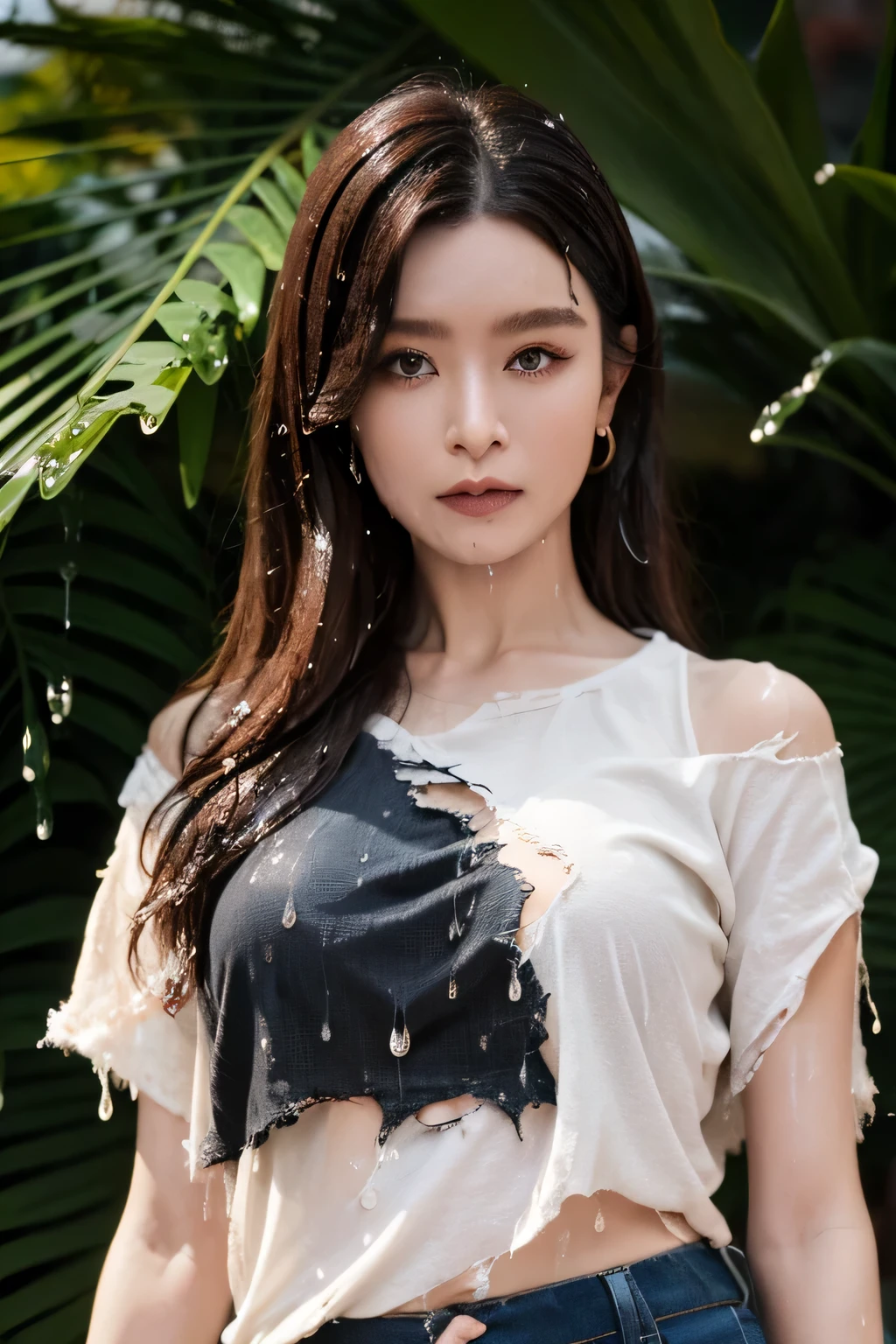 Highest image quality, masterpiece, super high:1.4), Number of photos, 1 girl in,Highly detailed facial and skin textures, exquisite eyes, lifelike eyes, 美丽exquisite eyes, (Realistic skin), attractive, super high清晰度, surreal, Very detailed, golden ratio, (Sweatshirt, water leakage, That'That'It's too dark, despair, Compassionate, poor, Light, big watery eyes, big watery eyes, (torn clothes: 1.5), ((wet clothes: 1.4)), shoulder, True Rain, wet hair, ((South Korea, whole body))