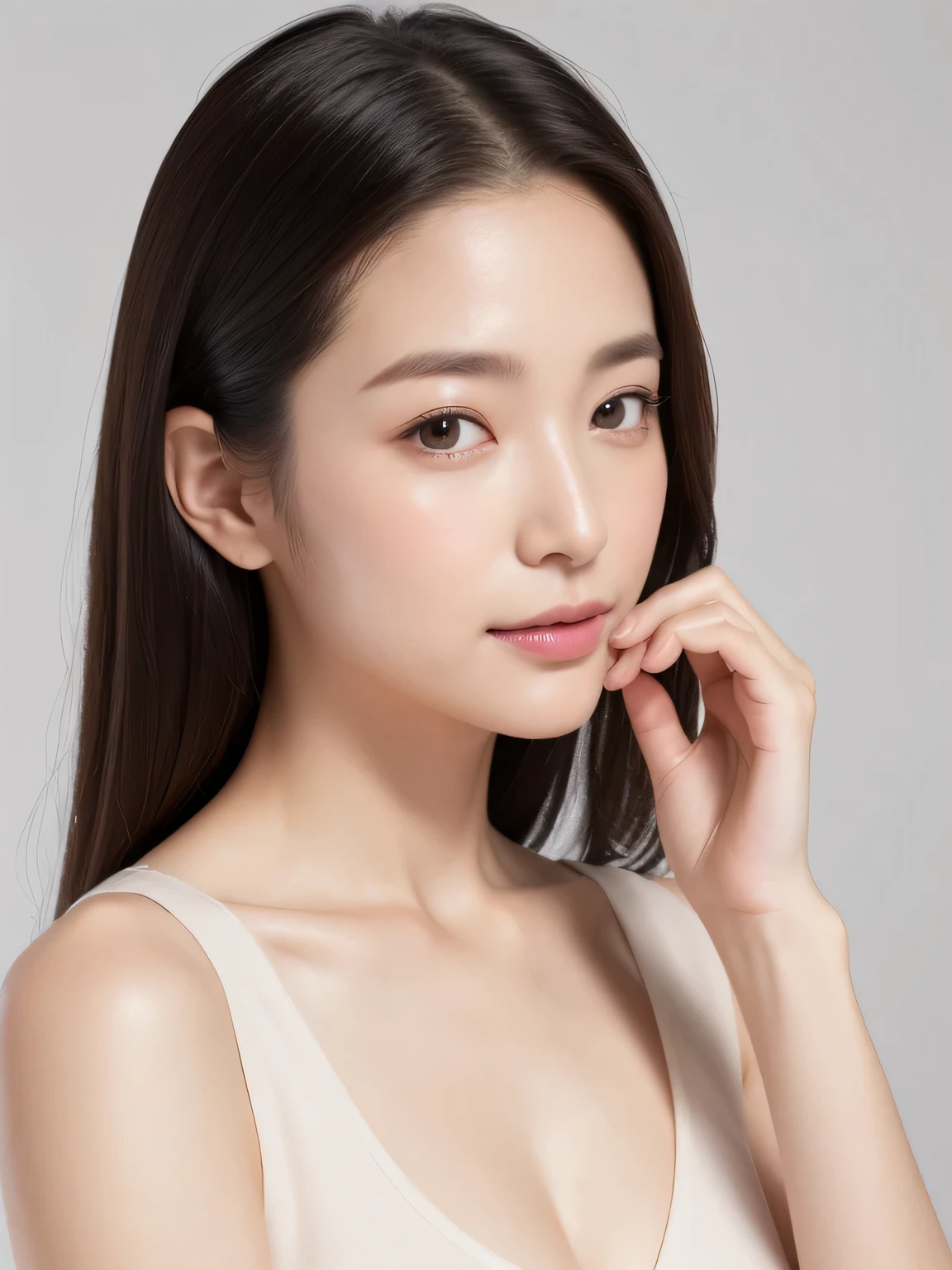 (8K、Live shooting、highest quality、masterpiece:1.2)、Super detailed、super resolution、(genuine、genuine写真:1.37)、portrait、High-definition RAW color photo、professional photography、very detailedで美しい、very detailed、8k painting wallpaper、amazing details、huge file size、official art、very detailedなCG Unity 8Kの壁紙 very detailedな女性、madam、40 year old woman with a handsome face, very narrow eyes、very detailedな肌、very detailedな指、very detailedな鼻、very detailedな詳細な口、perfect anatomy、detailed background、Detailed service、white skin、glowing skin、semi-long、genuine-looking face、delicate eyes、droopy eyes、look at the camera、cowboy shot、positive、standing posture、dynamic lighting、close up of face、show your skin、No accessories、put your hand on your cheek、touch his cheek、plain background