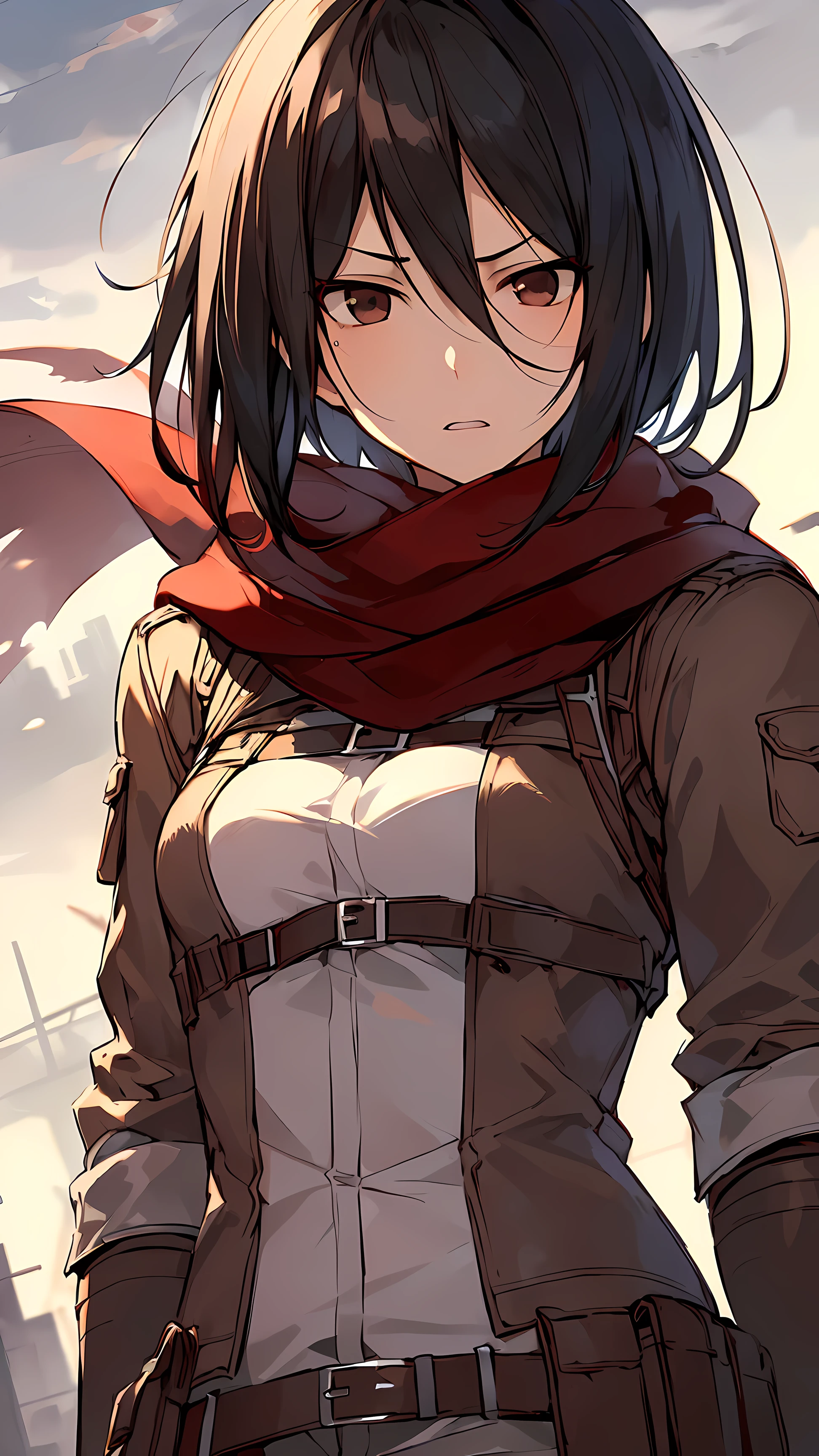 Masterpiece,Best quality,1girl,Planning_Ackerman,Red scarf,sky,depressed,Combat position,Wicked time,Zabdi,Minimalism,The art of influence,antiquities,Black eyes,close up,angry, Upper body 