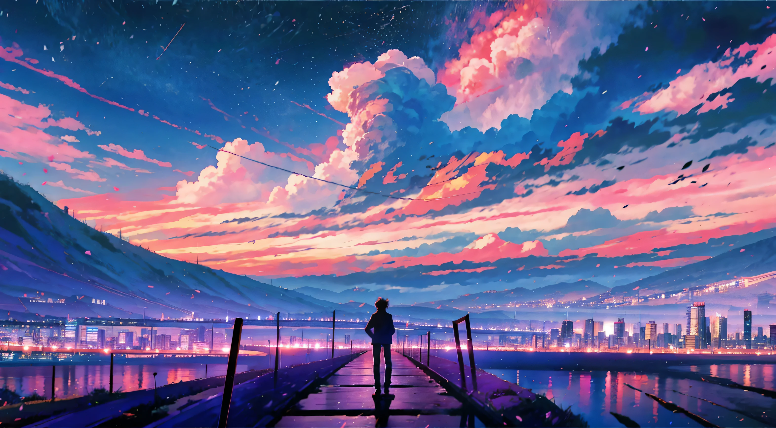 anime scenery of a man standing on a pier looking at the city, anime art wallpaper 4k, anime art wallpaper 4 k, anime art wallpaper 8 k, anime style 4 k, anime wallpaper 4 k, anime wallpaper 4k, anime landscape wallpaper, 4k anime wallpaper, anime landscape, anime sky, anime background art, beautiful art uhd 4 k, anime scenery