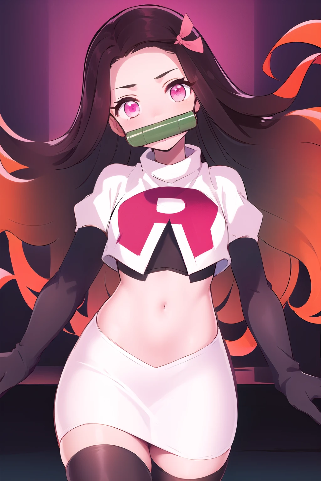 kamado nezuko, 1girl, bamboo, bit gag, brown hair, gag, gagged, gradient hair, hair ribbon, long hair, looking at viewer, multicolored hair, orange hair, pink eyes, pink ribbon, ribbon, solo,   ((masterpiece))  , team rocket,team rocket uniform, red letter R, white skirt,white crop top,black thigh-highs,black elbow gloves