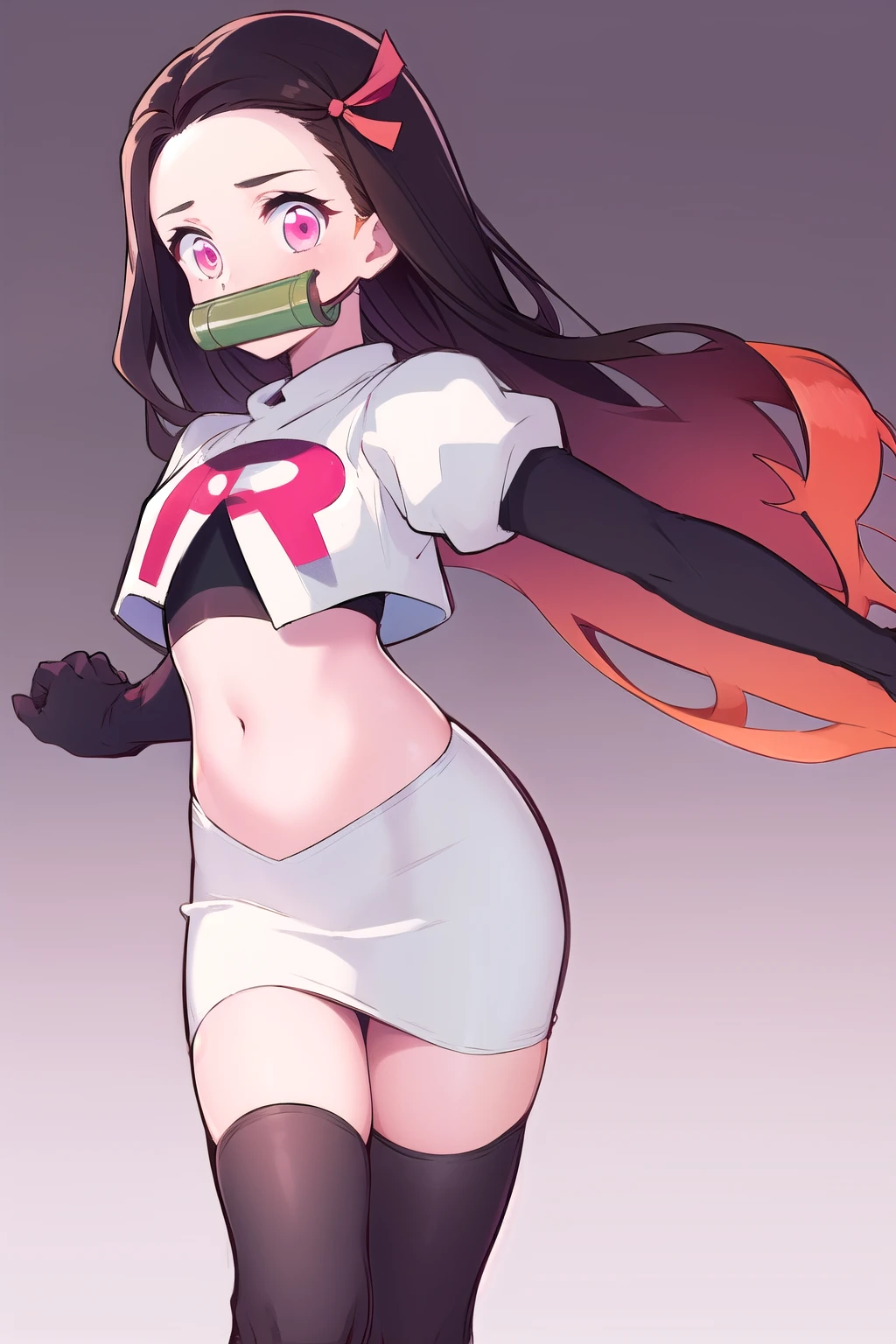 kamado nezuko, 1girl, bamboo, bit gag, brown hair, gag, gagged, gradient hair, hair ribbon, long hair, looking at viewer, multicolored hair, orange hair, pink eyes, pink ribbon, ribbon, solo,   ((masterpiece))  , team rocket,team rocket uniform, red letter R, white skirt,white crop top,black thigh-highs,black elbow gloves