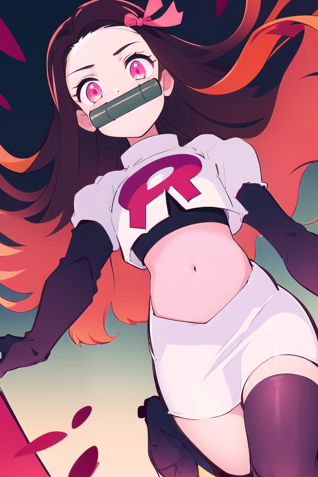 kamado nezuko, 1girl, bamboo, bit gag, brown hair, gag, gagged, gradient hair, hair ribbon, long hair, looking at viewer, multicolored hair, orange hair, pink eyes, pink ribbon, ribbon, solo,   ((masterpiece))  , team rocket,team rocket uniform, red letter R, white skirt,white crop top,black thigh-highs,black elbow gloves