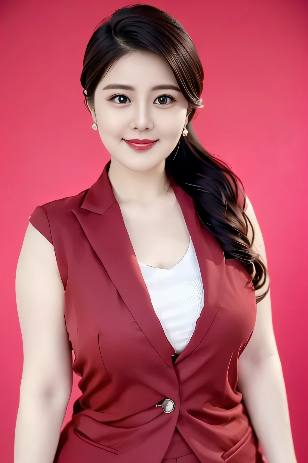 (top quality、8k、masterpiece:1.3))、30-year-old Korean woman，sharp focus, High level of image quality, high resolution，facial focus，Portrait ID photo，Upper body photo。Draw lips correctly, red lipstick，Wear a gray shirt，red suit，Green bow tie，，Wearing red flowers on chest，。wavy long hair，hair tied up，ponytail，Mature，Charming smiley face，Chubby face，Pink warm color background，solid color background