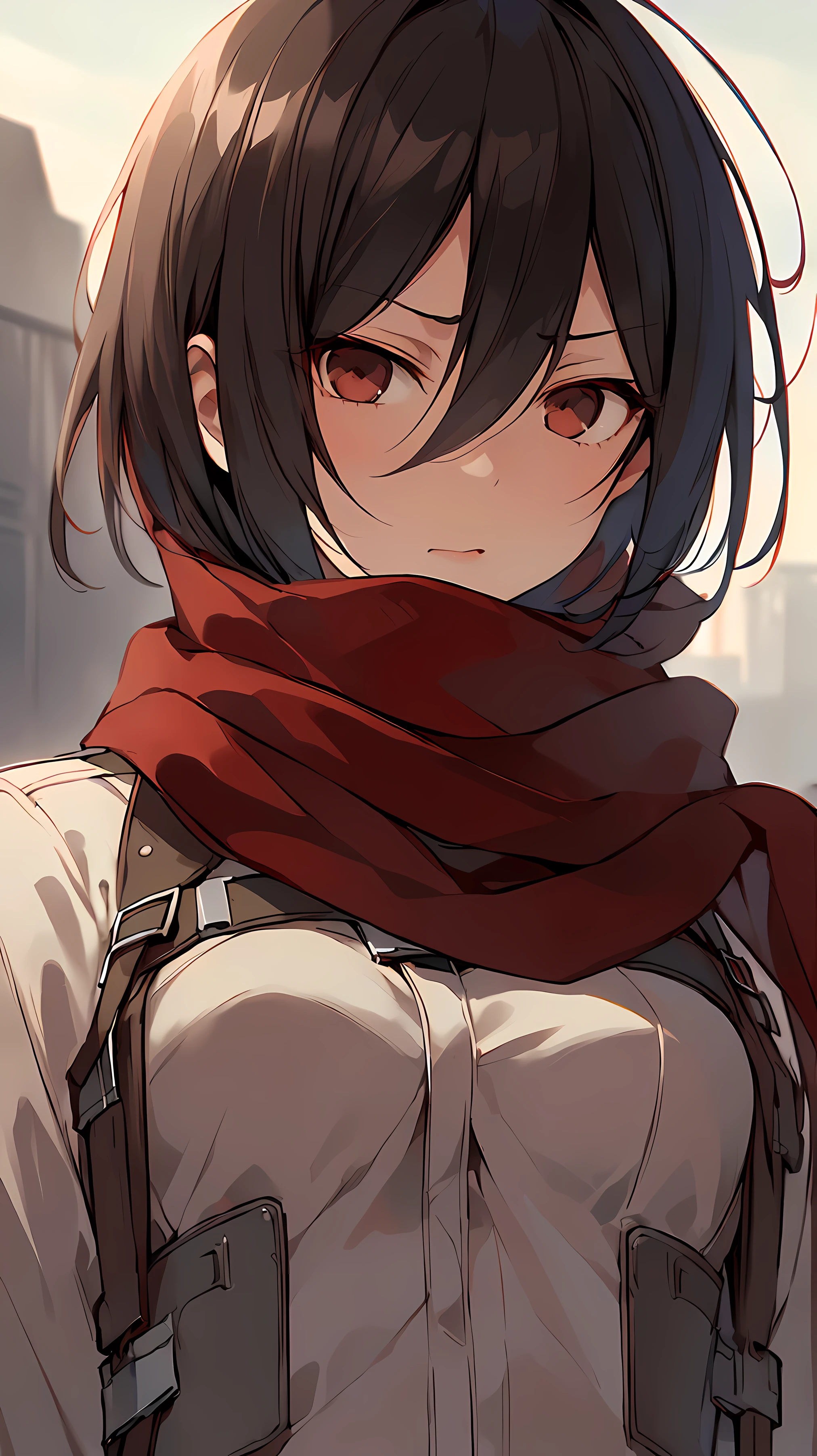 Masterpiece,Best quality,1girl,Planning_Ackerman,Red scarf,sky,depressed,Combat position,Wicked time,Zabdi,Minimalism,The art of influence,antiquities,Black eyes,close up,angry, Upper body 