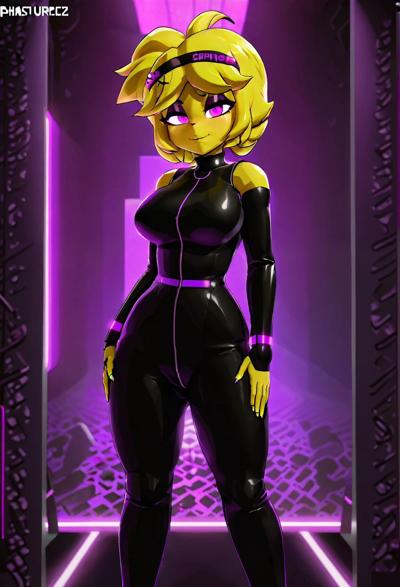 (best quality, masterpiece1.2), 1girl, solo, anthro, pixel art, (chiku), (yellow body), pink eyes, purple eyeliner, yellow hair, woman, two toned fur, black bodysuit, hair clips, sexy, detailed, extreme detail, perfect lighting, 4k, tall, makeup, eyeliner, beautiful, spy outfit, 