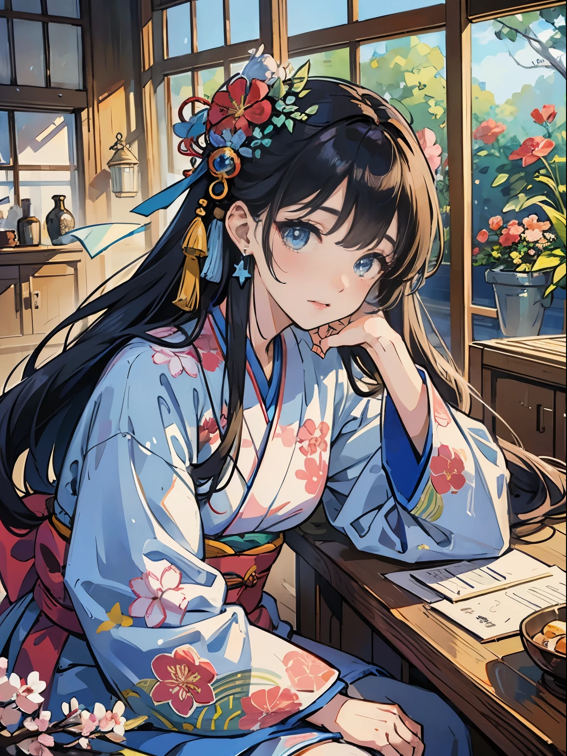 master piece,hyper quality, very detailed,perfect drawing,solo、beauty of the world、Komono、Japanese clothing、hair color is light blue、japanese hair、light blue Japanese kimono、Nishijin Ori、delicate and wise eyes、half-open lips、look sideways、elegant、nice、beautiful、blush(0.2)、dazzling、amazing、nice、kind、Sunlight、natural soft light、Flowers, Birds, Wind and Moon、traditional japanese room、accurate drawings、Detail view