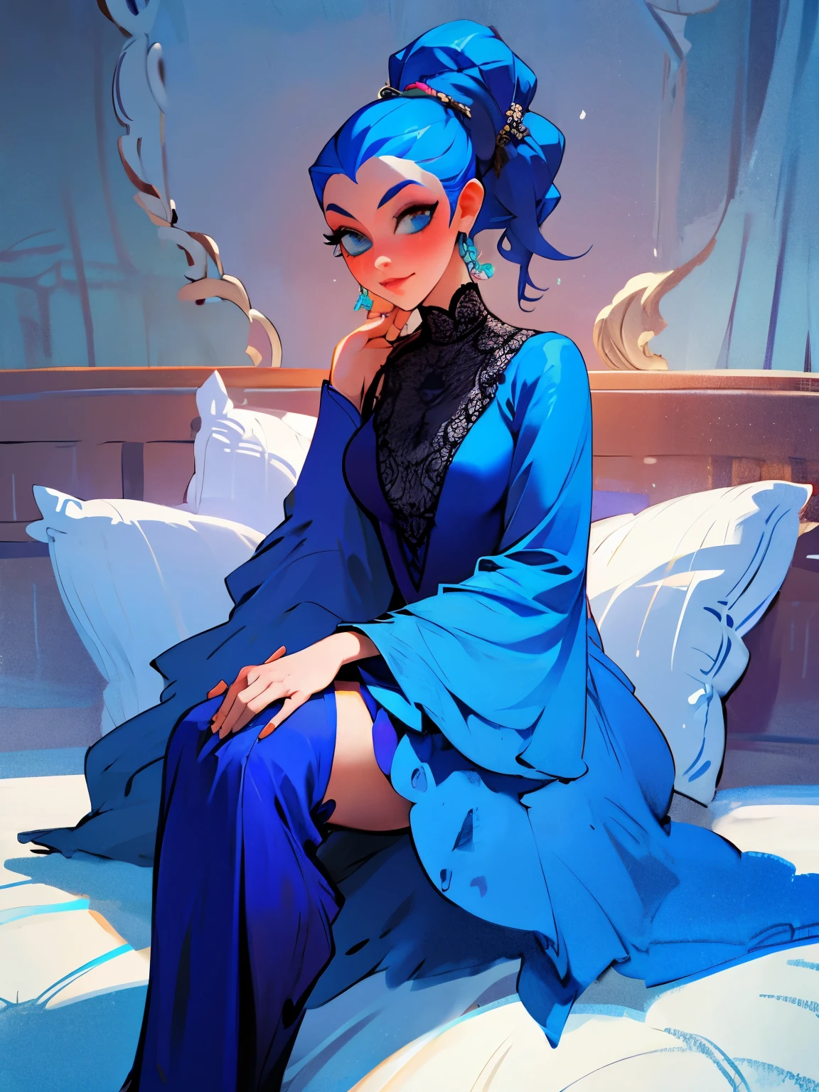 arafed woman in a blue dress sitting on a bed, portrait shot, edited, by Galen Dara, dress in the style of rococo, fashion photograhy, wearing a nightgown, editorial fashion photography, wearing a luxurious silk robe, photoshoot, modeling photography, high - end fashion photoshoot, captivating and enticing, haute couture fashion shoot, beauteous sumptuous