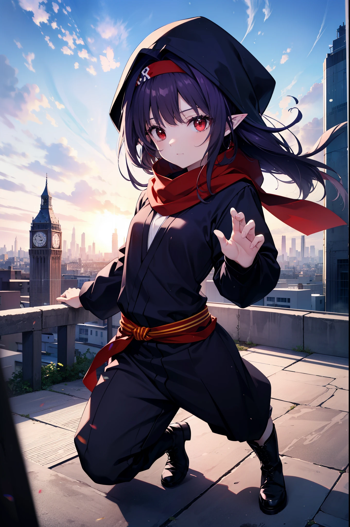 yuukikonno, Yuki Konno, hair band, long hair, pointy ears, purple hair, (red eyes:1.5), (small breasts:1.2),hood up,cover your mouth with a black scarf,strict,black ninja uniform,ninja,black shinobi pants,boots,action pose,overlooking the city from the roof of a building,
break looking at viewer, Upper body, full body,
break outdoors ,Medieval European-style building,
break (masterpiece:1.2), highest quality, High resolution, unity 8k wallpaper, (shape:0.8), (fine and beautiful eyes:1.6), highly detailed face, perfect lighting, Very detailed CG, (perfect hands, perfect anatomy),