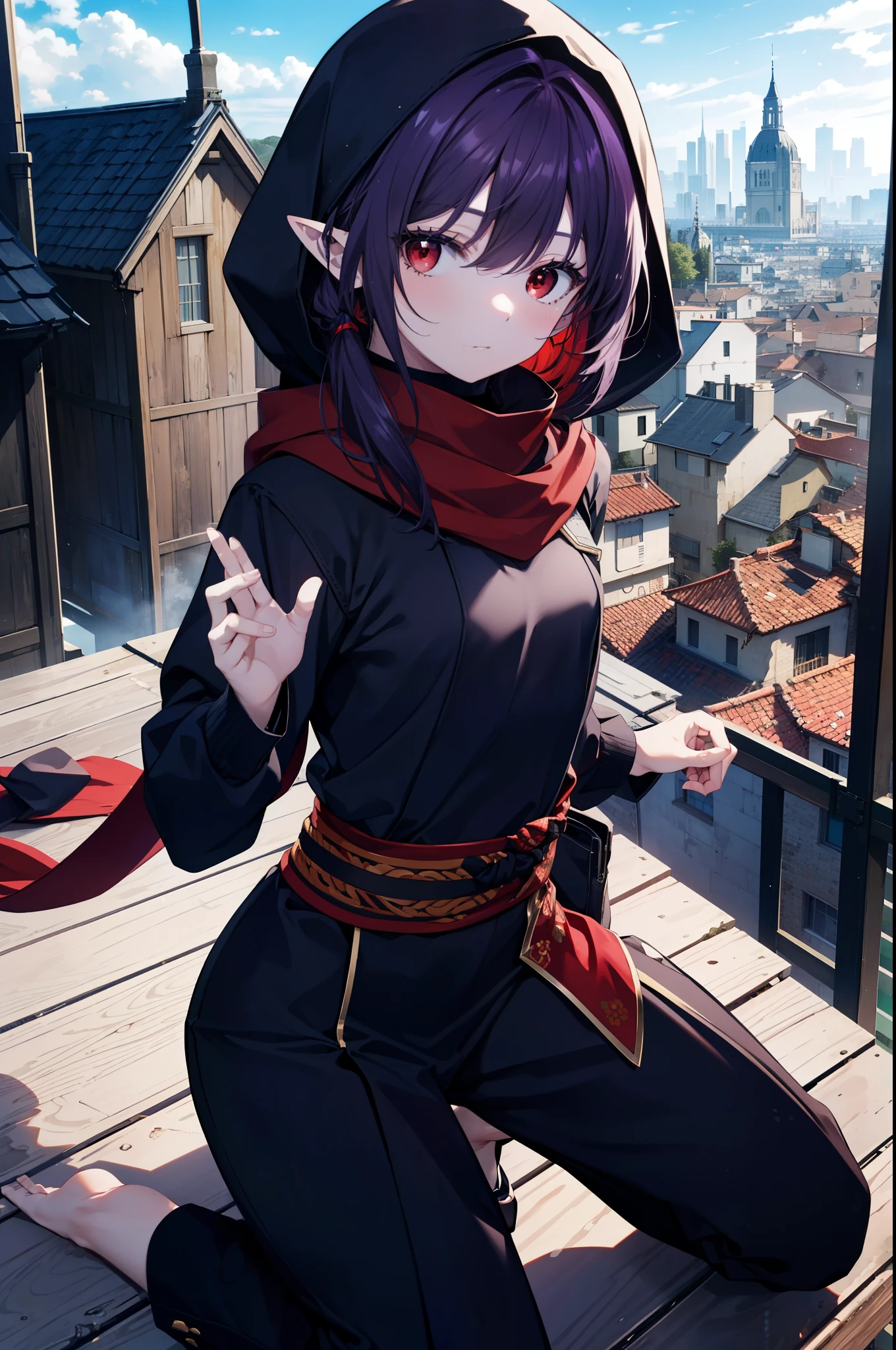 yuukikonno, Yuki Konno, hair band, long hair, pointy ears, purple hair, (red eyes:1.5), (small breasts:1.2),hood up,cover your mouth with a black scarf,strict,black ninja uniform,ninja,black shinobi pants,boots,action pose,overlooking the city from the roof of a building,
break looking at viewer, Upper body, full body,
break outdoors ,Medieval European-style building,
break (masterpiece:1.2), highest quality, High resolution, unity 8k wallpaper, (shape:0.8), (fine and beautiful eyes:1.6), highly detailed face, perfect lighting, Very detailed CG, (perfect hands, perfect anatomy),