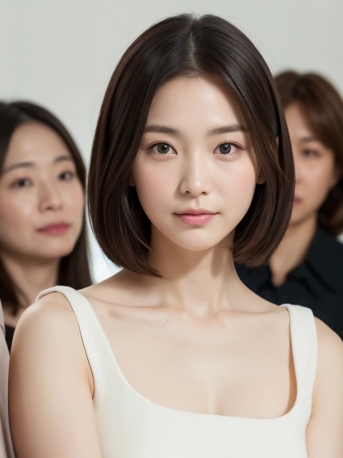 (8K、Live shooting、highest quality、master piece:1.2)、Super detailed、super resolution、(real、real写真:1.37)、Portrait、High-definition RAW color photo、professional photography、very detailedで美しい、very detailed、8K画壁紙、amazing details、huge file size、official art、very detailedなCG Unity 8Kの壁紙 very detailedな女性、madam、40 year old woman with a handsome face, very narrow eyes、very detailedな肌、very detailedな指、very detailedな鼻、very detailedな詳細な口、perfect anatomy、detailed background、Detailed service、white skin、glowing skin、semi-long、real-looking face、delicate eyes、Drooping eyes、Looking at the camera、cowboy shot、Front facing、standing posture、dynamic lighting、close up of face、show your skin、No accessories、put your hand on your cheek、touching his cheek、plain background