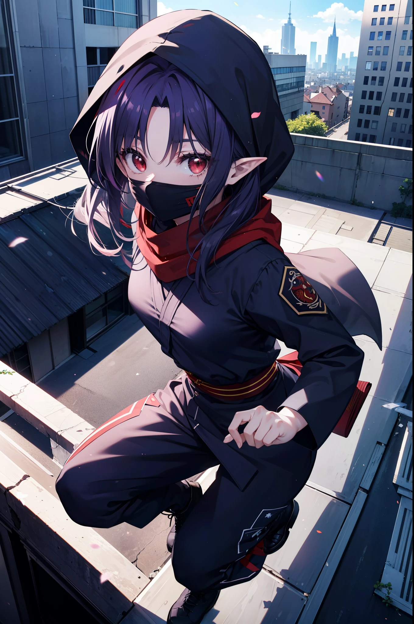 yuukikonno, Yuki Konno, hair band, long hair, pointy ears, purple hair, (red eyes:1.5), (small breasts:1.2),hood up,cover your mouth with a black scarf,strict,black ninja uniform,ninja,black ninja pants,boots,action pose,overlooking the city from the roof of a building,
break looking at viewer, Upper body, full body,
break outdoors ,Medieval European-style building,
break (masterpiece:1.2), highest quality, High resolution, unity 8k wallpaper, (shape:0.8), (fine and beautiful eyes:1.6), highly detailed face, perfect lighting, Very detailed CG, (perfect hands, perfect anatomy),