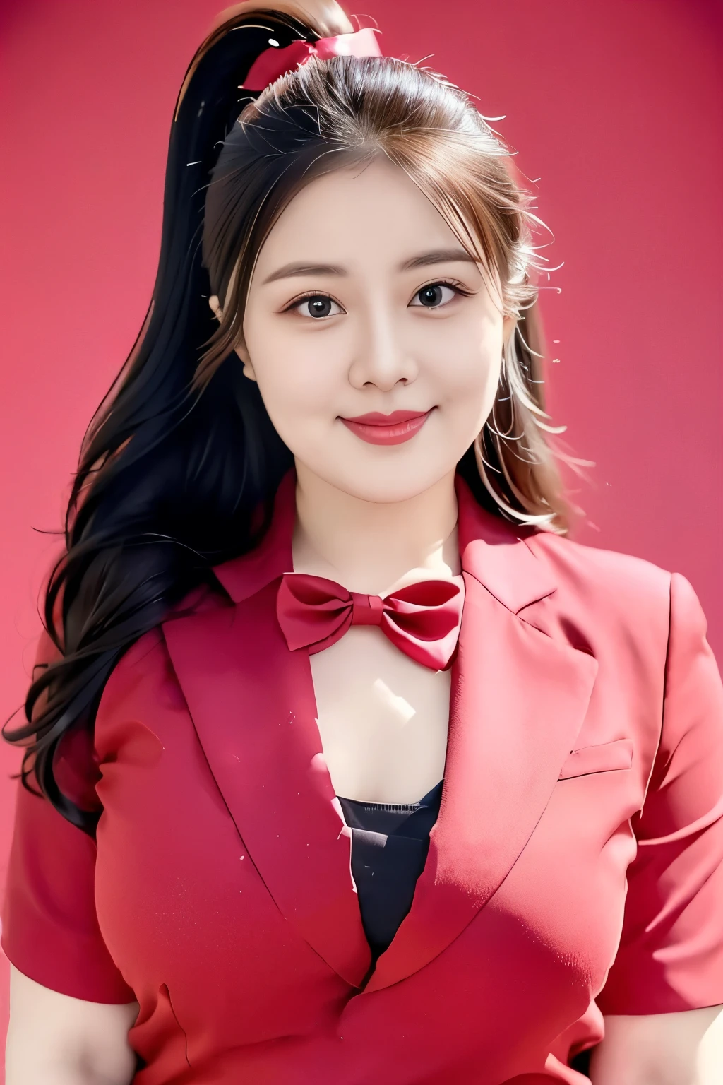 (top quality、8k、masterpiece:1.3))、30-year-old Korean woman,sharp focus, High level of image quality, high resolution,facial focus,Portrait ID photo,Upper body photo。Draw lips correctly, red lipstick,Wear a gray shirt,red suit,Green bow tie,,Wearing red flowers on chest,。wavy long hair,hair tied up,ponytail,Mature,Charming smiley face,Chubby face,Pink warm color background,solid color background