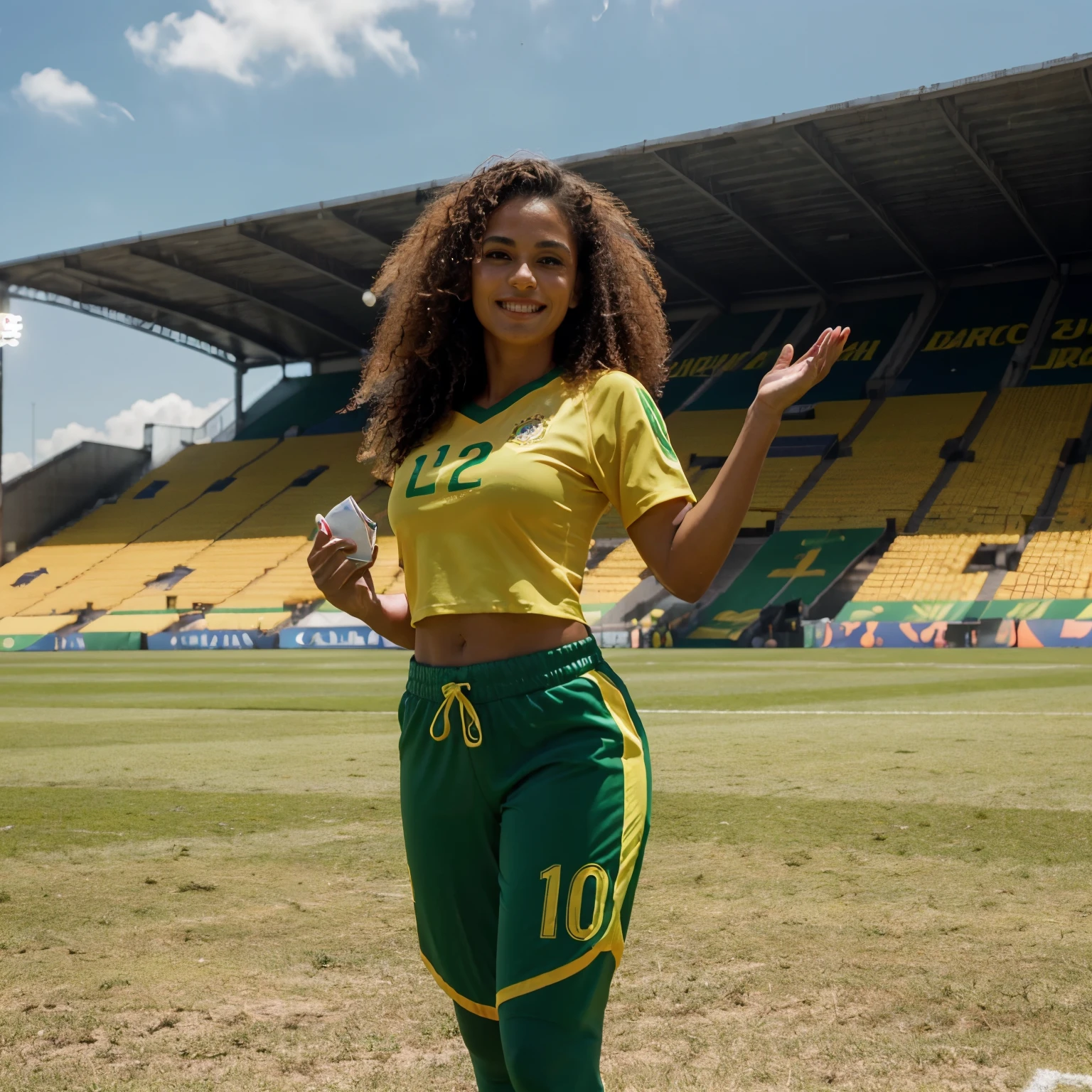 (Best quality, Ultra-detailed: 1.1), Stunning Brazilian woman, 30 years old, full body, wearing the Brazilian national team shirt, toned physique, curly Brazilian hair, high cheekbones, radiant smile, confident expression, shining soccer ball at her feet, green and yellow colors of the Brazilian flag, sunny Carnival atmosphere, Brazilian stadium with fans waving flags, volumetric smoke from fireworks, cinematic, shallow depth of field, focus on the woman's face, (12 MP camera:1.3), Brazilian football icon, sports equipment nearby, (Photorealistic: 1.1), vibr