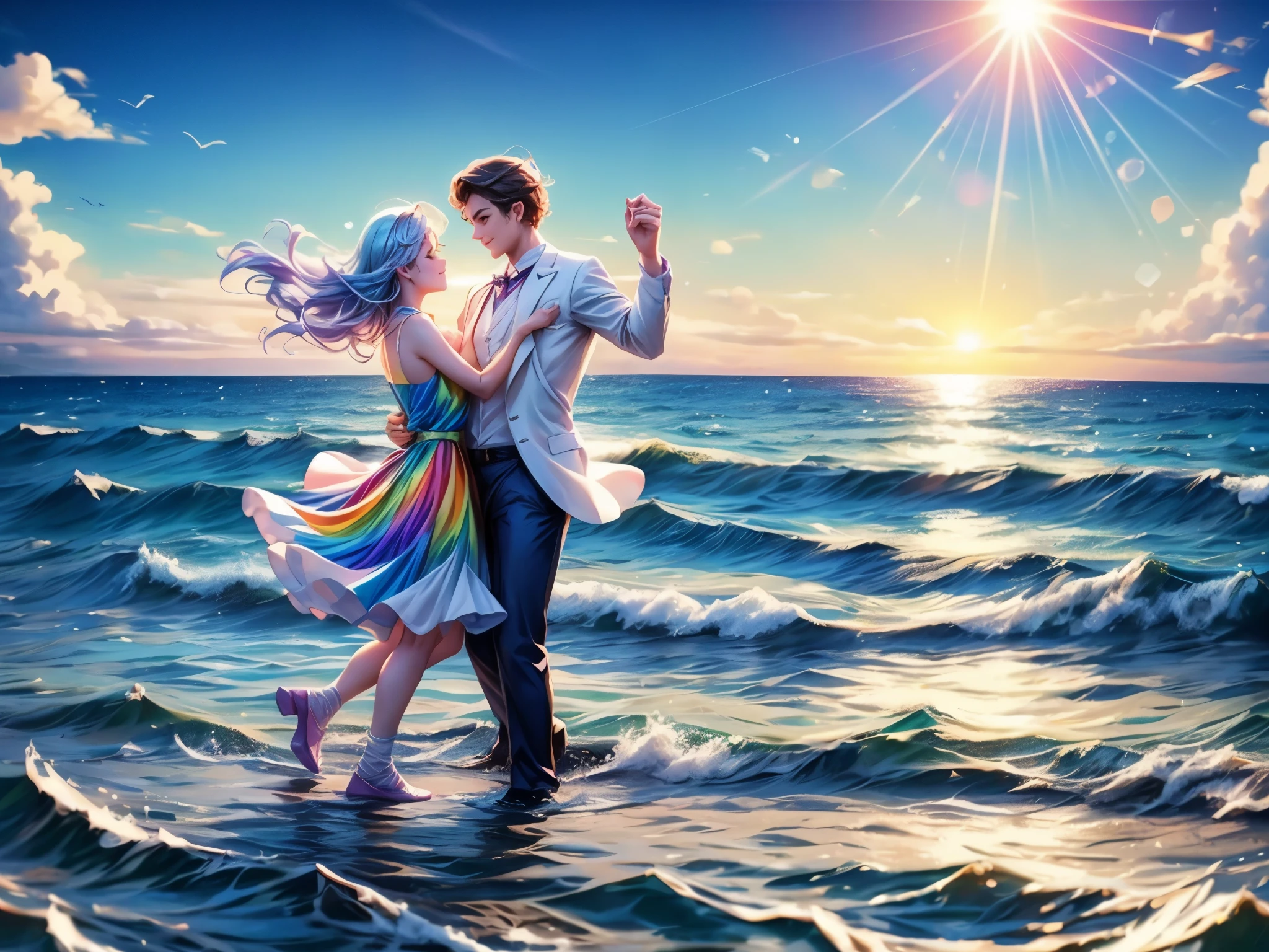 cute girls and gentleman, Dancing on the Sea Surface, rainbow, sun shine