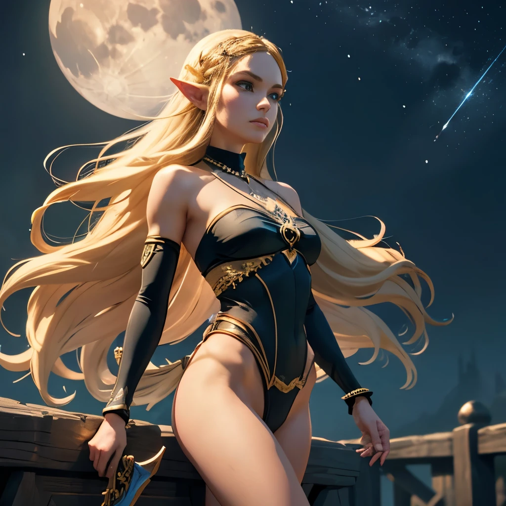 die, girl, skeleton decoration, Princess Zelda wearing a black high-leg swimsuit、pulled a knife, scattered crystals, long flowing hair, Scars on the bridge of the nose, blonde long hair、wide angle lens, Star background, Moon on top, {{masterpiece, highest quality, ultra-detaileded, cinematic light, Complex_detailed, High resolution, High resolution illustration, 8k, HDR, dark strong shadow, exposed exposed, splash of detaileds}}.